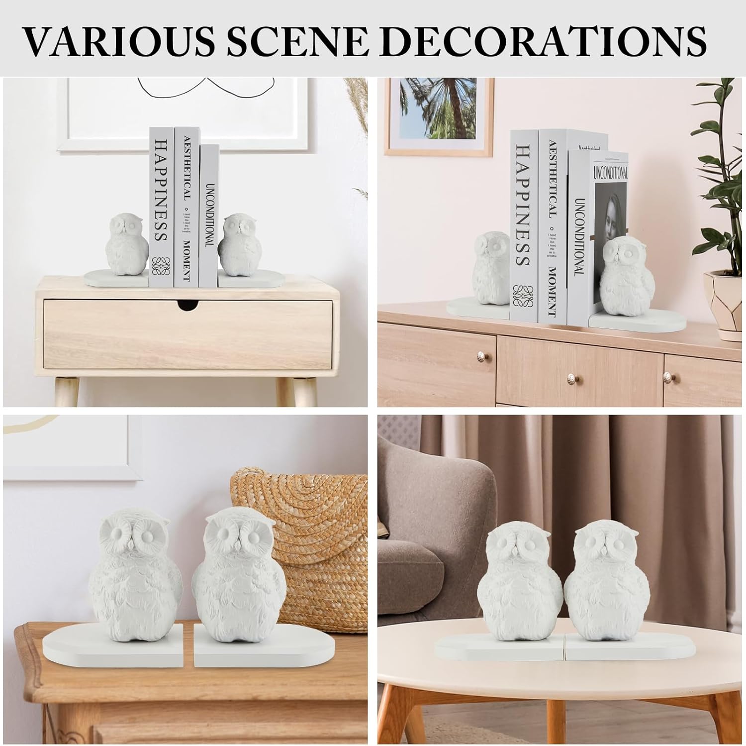 Book Ends Decorative, Owl Bookends White Bird Bookends for Shelves, Kids Rooms, Non-Skid Bookend, Heavy Duty Resin Book Stopper for Books, Decorative Holder, 9.05 * 3.7 * 4.72'' White