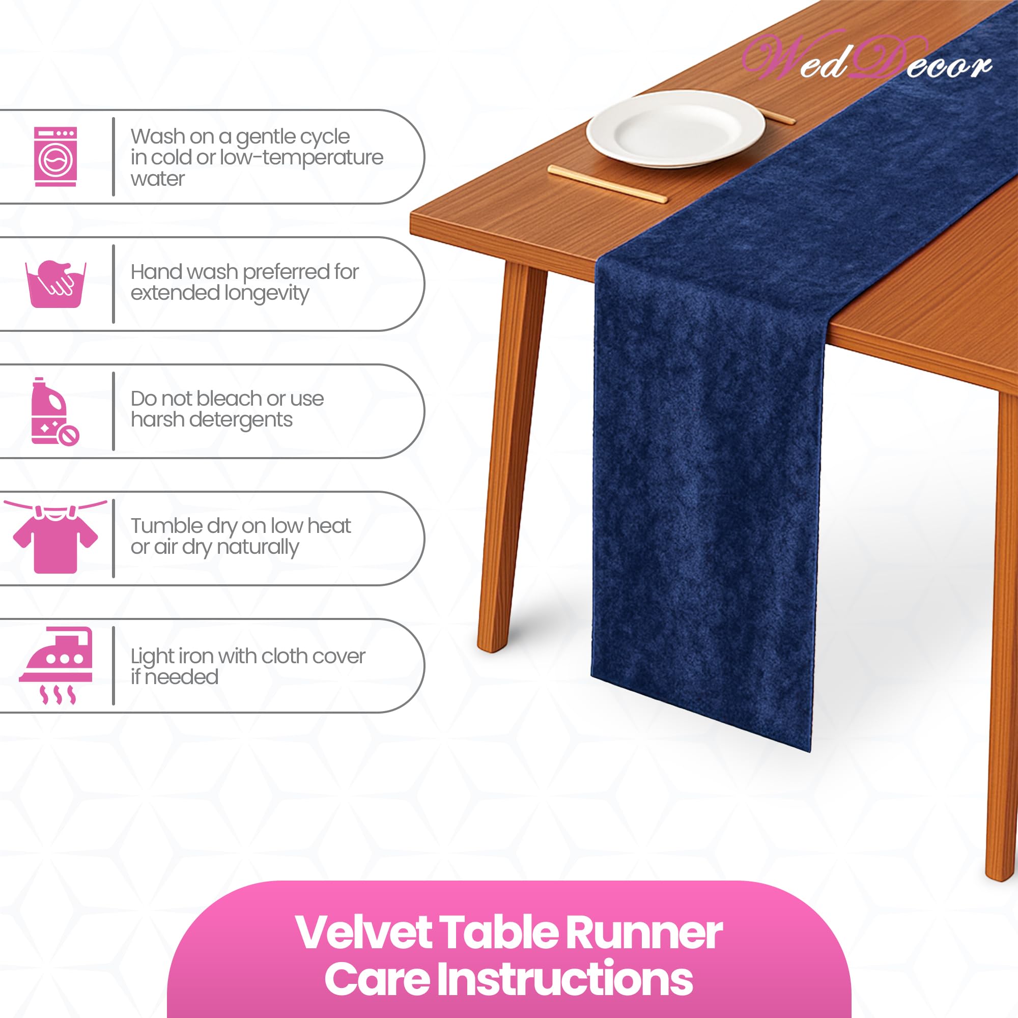 WedDecor Chemin de table en velours écrasé doux lavable pour mariage, cuisine, anniversaire, réception, banquet, Noël et dîner - 33 x 274 cm (bleu marine)