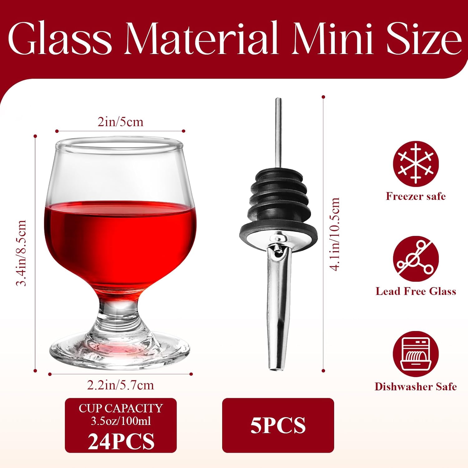 3.5oz/100ml Mini Brandy Shot Glasses Bulk of 24 with 5 Pourers,Cute And Clear Snifter Glass Set for Tasting Cognac,Bourbon,Wine,Tequila,Port,Vodka,Whiskey,Sherry,Party,Bar