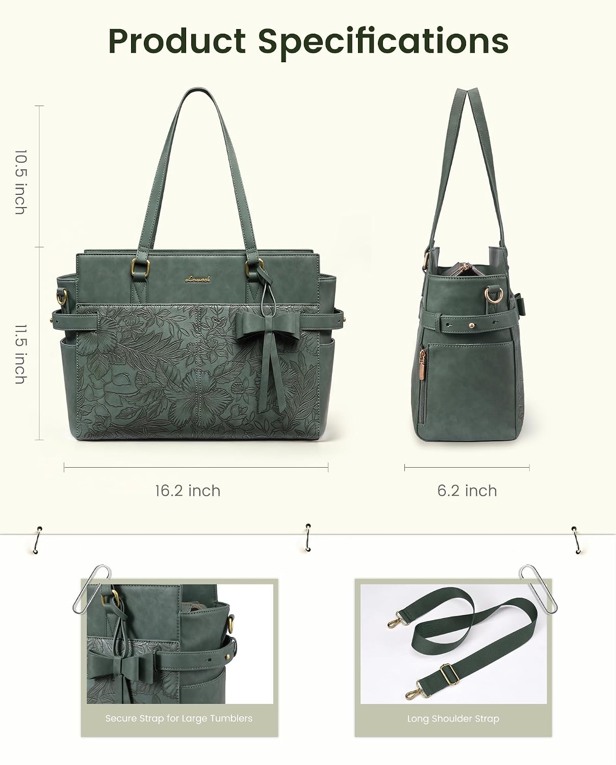  Work Tote for Women, PU Leather Laptop Bag with Large Cup Holder | Waterproof, Fits 15.6-Inch Laptop, Business Briefcase, Vintage PU Leather Handbag, Luggage Strap, Gift with Bow Knot thumbnail