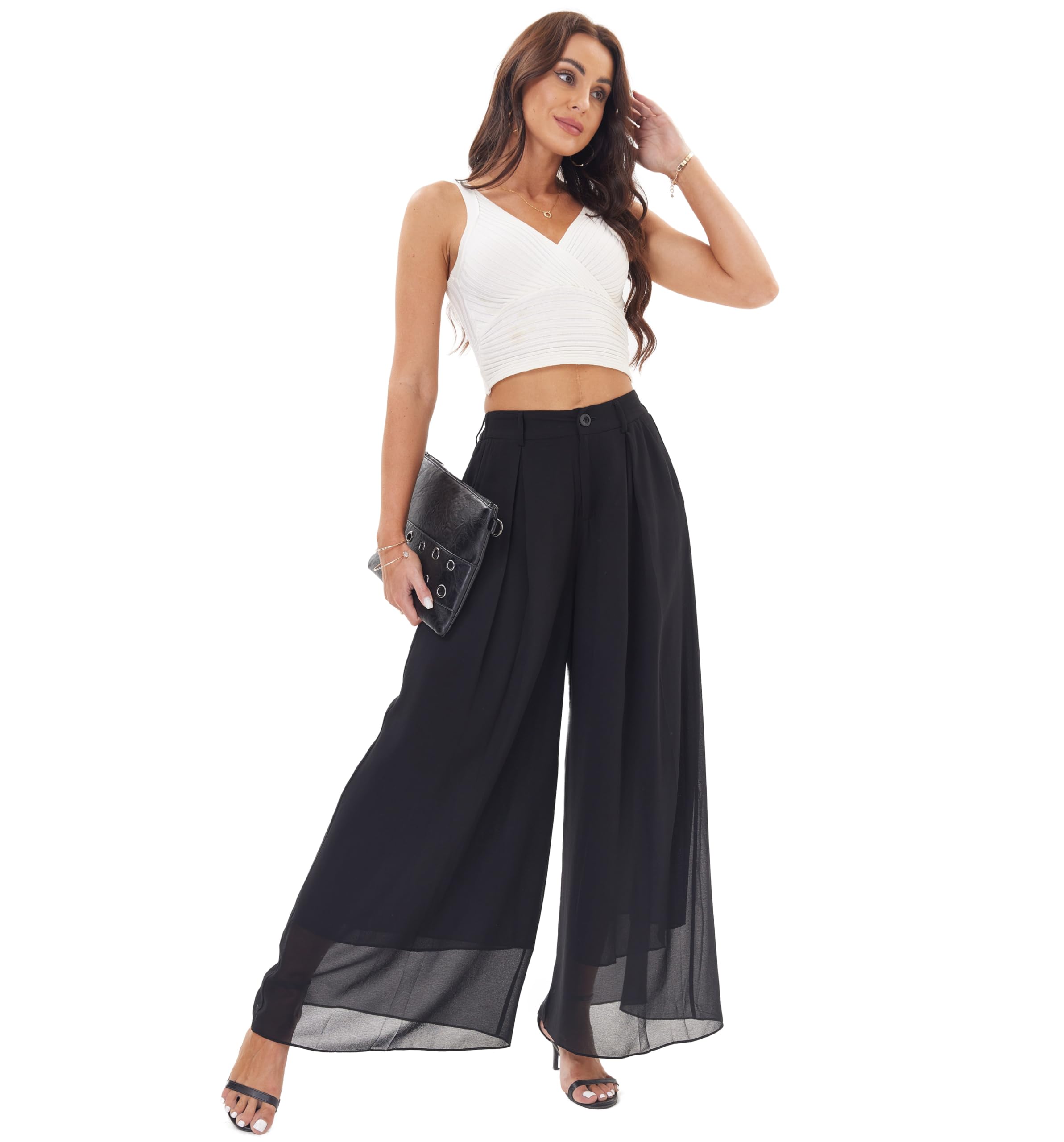 Fakanhui Pantaloni a palazzo da donna, eleganti, in chiffon, a gamba larga, eleganti, fluidi, da lavoro, casual
