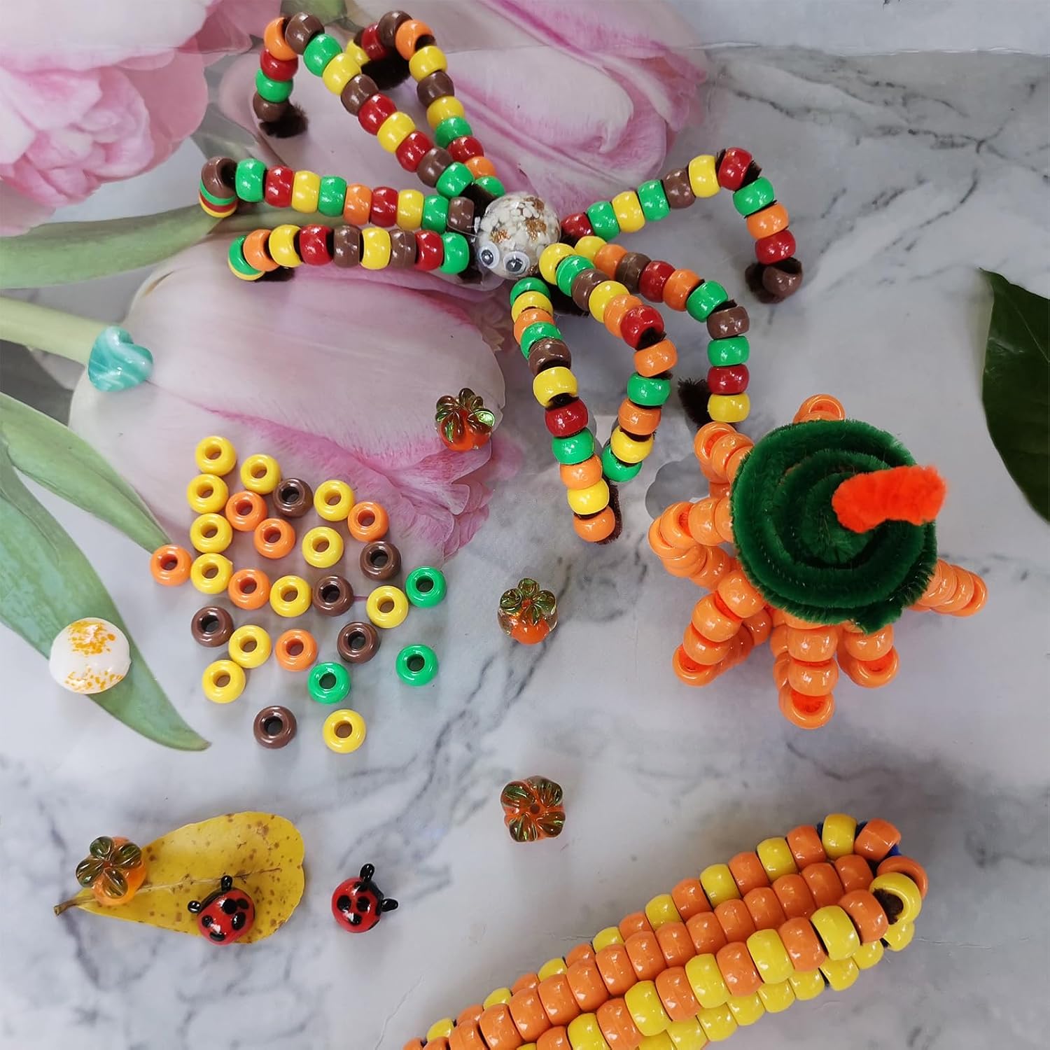 Gocleyn 2500pcs Fall Pony Beads Bulk with 100pcs Chenille Stems Pipe Cleaners, Autumn Colors Craft Pony Beads Seed Beads for Thanksgiving Autumn Party DIY Craft Projects Kandi Hair Braiding