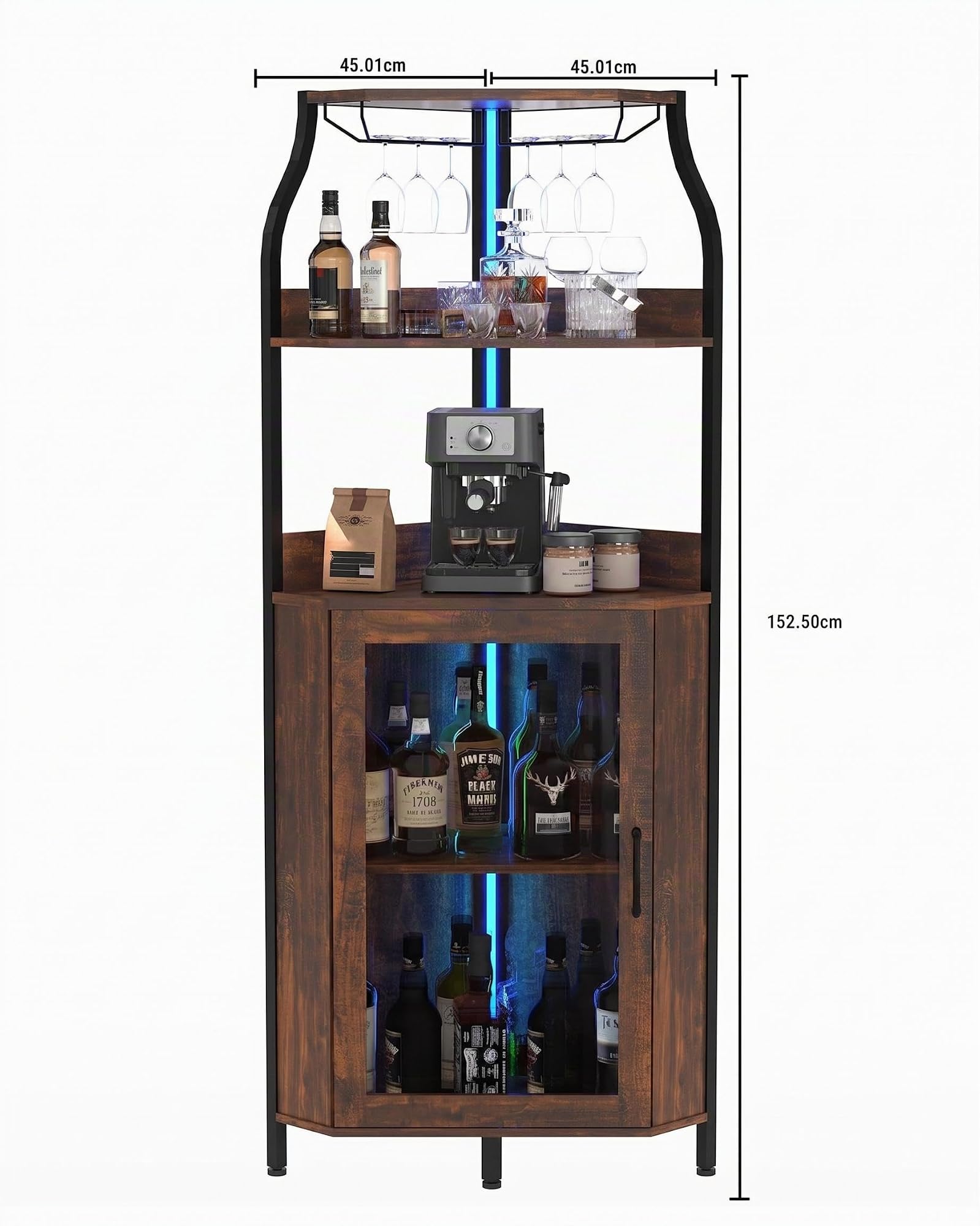 Garvee Vitrine à vin courbée en MDF avec 4 étagères – Porte vitrée et éclairage LED – Meuble Bar indépendant Moderne pour Salon – Rangement Bouteilles et Verres – Facile à Nettoyer – Marron