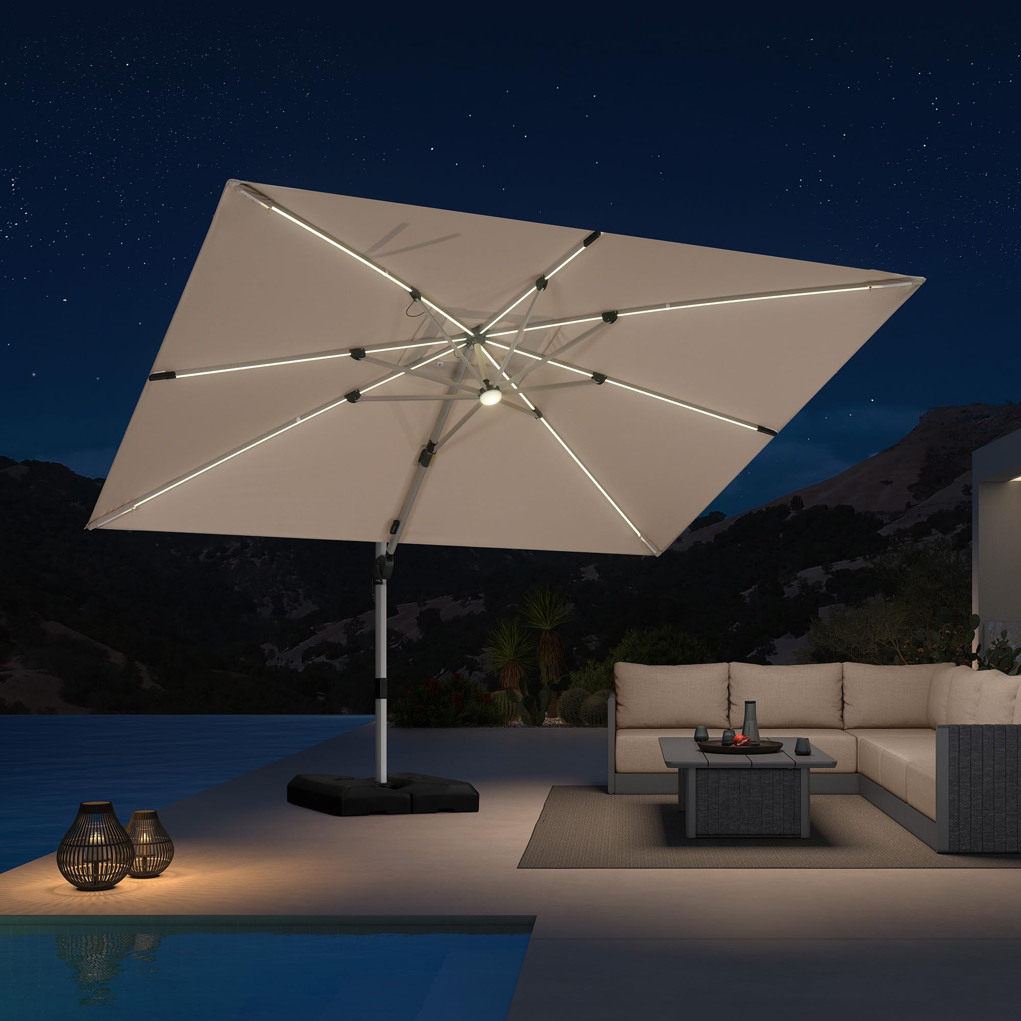 PURPLE LEAF Cantilever Umbrella 9' X 12' Solar LED Light Patio Deck, Beige