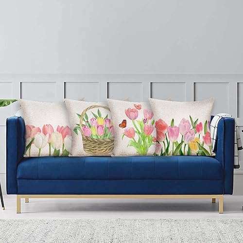 Miniatura 7 de LOHDALOLF Juego de 4 fundas de almohada florales rosas de 18 x 18 pulgadas, fundas de almohada de mariposa de tulipán, fundas de cojín decorativas