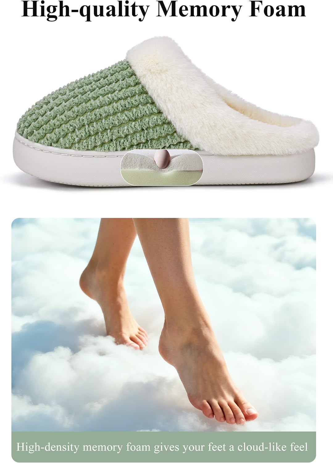 Furry Memory Foam Slippers for Women Warm Comfy House Slippers with Faux Fur Lining Non-Slip Rubber Sole Slip On Women Indoor and Outdoor