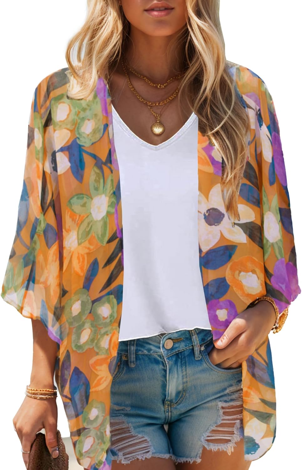 Moss Rose Women's Beach Kimono Coverup Sheer Chiffon Cover Ups, Casual Loose Open Front Cardigan Tops