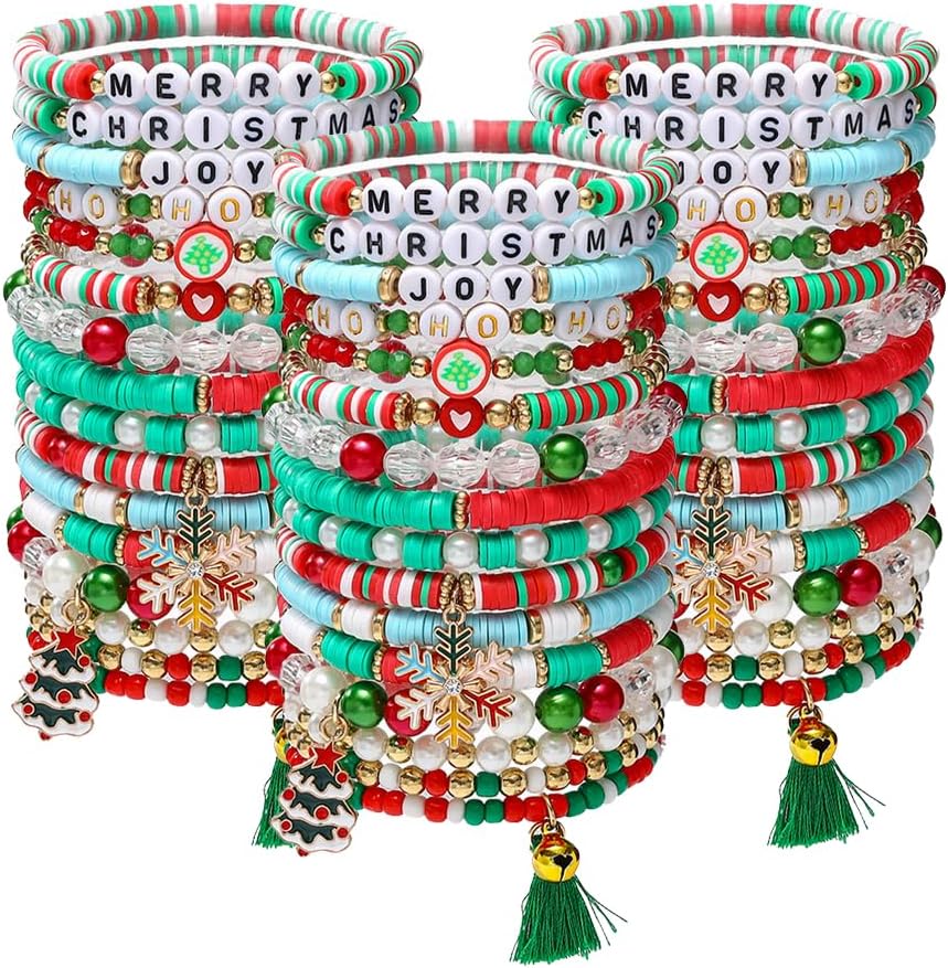 48pcs Christmas Bracelets Set Preppy Clay Stretch Charm Beads Stackable Bracelet for Women Snowflake Christmas Tree Accessories Party Jewelry