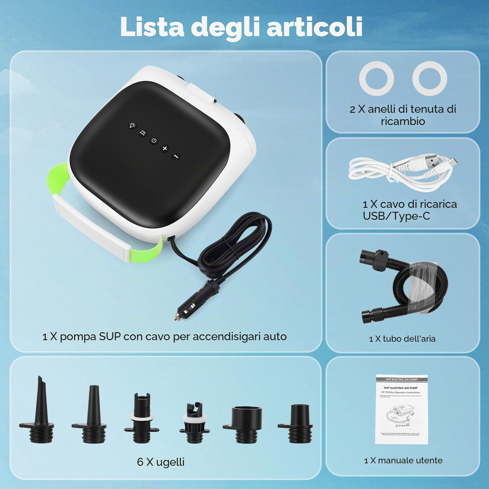 Pompa Elettrica SUP 20PSI, Pompa SUP Ricaricabile Gonfiabile con Gonfiaggio Intelligente a Doppio Stadio & Auto-Spegnimento, 6 Ugelli per Canoa, Barca, Tenda, Kayak Gonfiabile