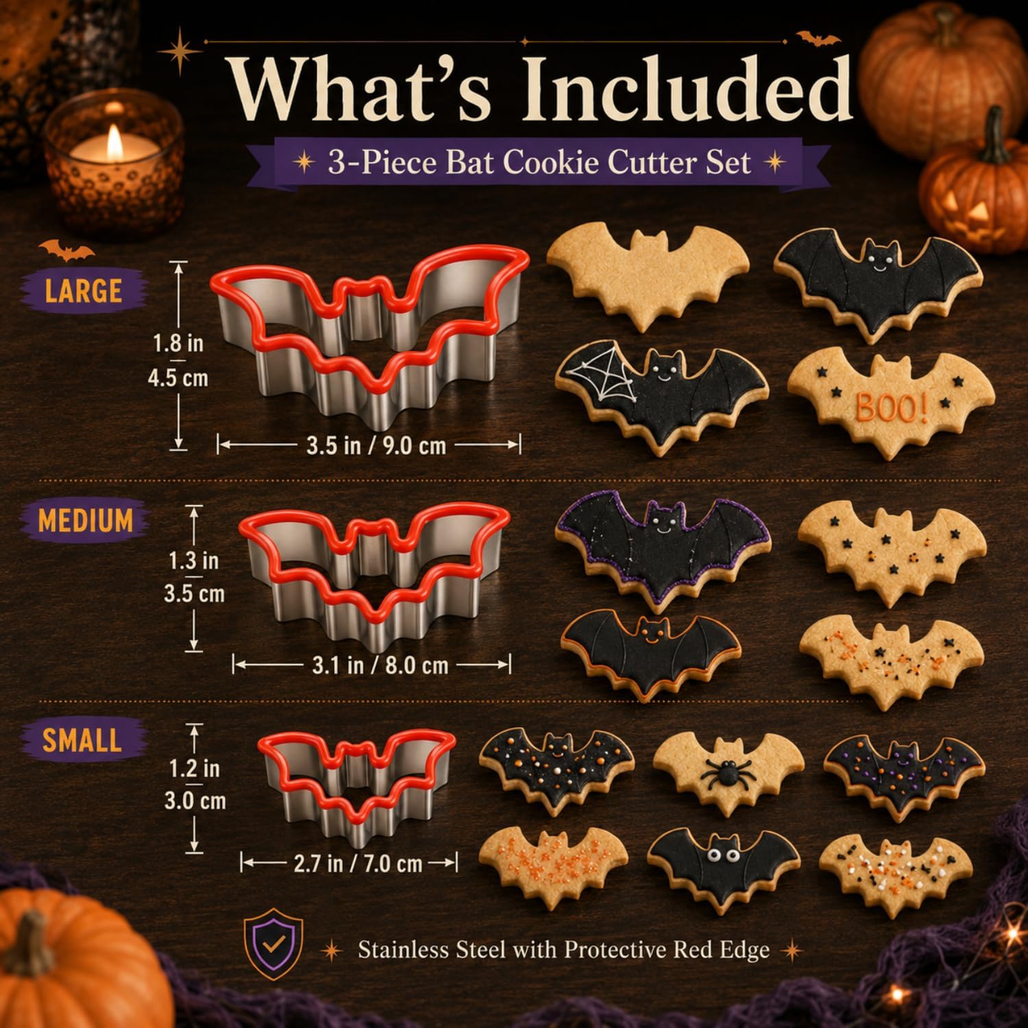 Halloween Bat Cookie Cutters, 3-Piece Stainless Steel Set