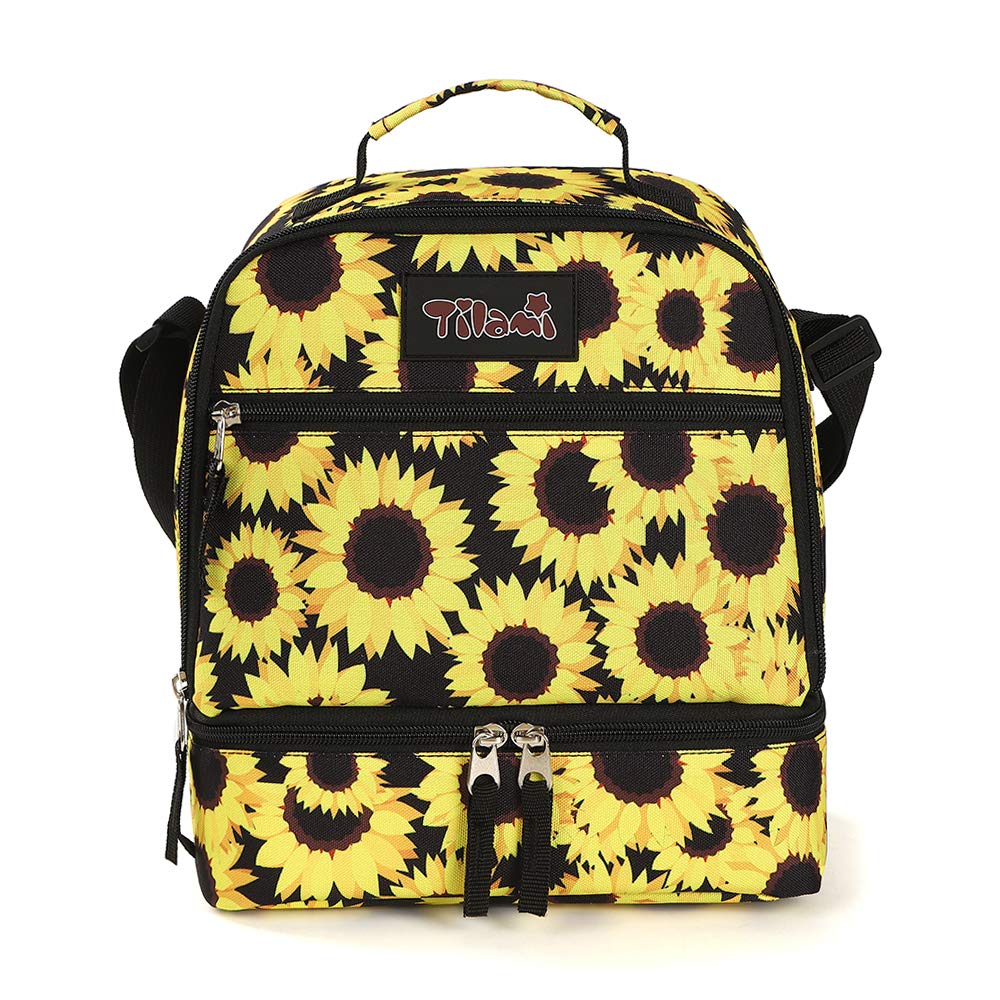 TilamiLunch Bags Insulated Adjustable Strap Zipper, Two Compartments Cooler Bags, Bento Bags for Kids Toddlers, Sunflower, Sunflower, Adjustable,Bento