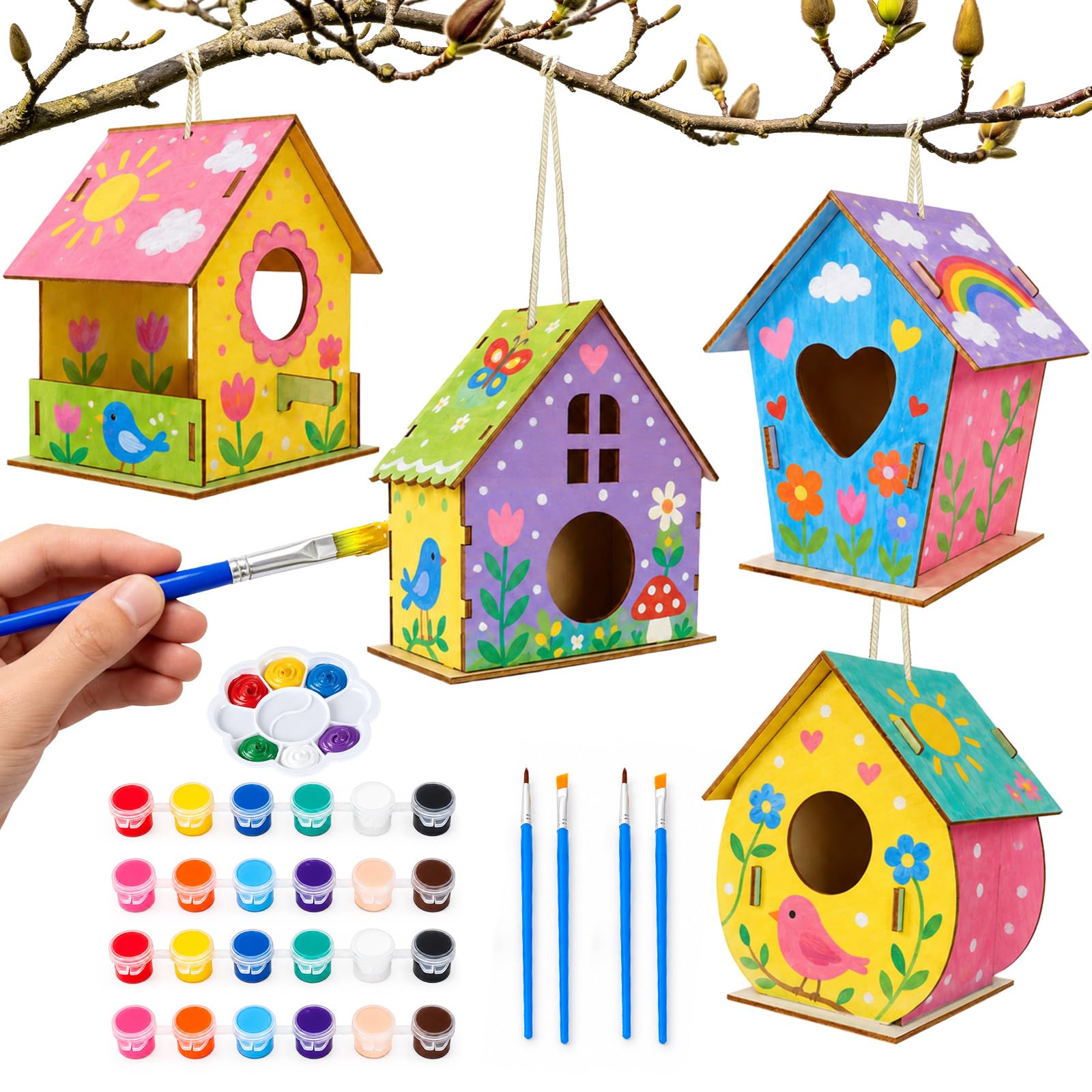 BELEEV 4 Pack Bird House Kit, Wooden Arts and Crafts for Kids