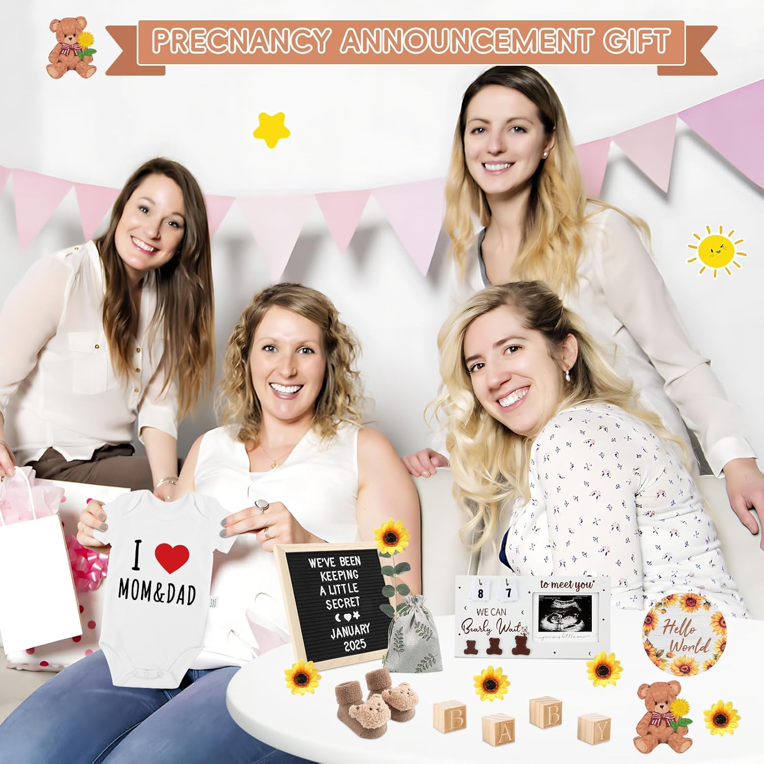 11 Pcs Pregnancy Announcement Set, Baby Reveal Ideas Include Felt Letter Board Sonogram Picture Frame Baby Bodysuit Bear Booties for Pregnancy Announcement Photo Props Coming Soon Baby Announcement - Image 7