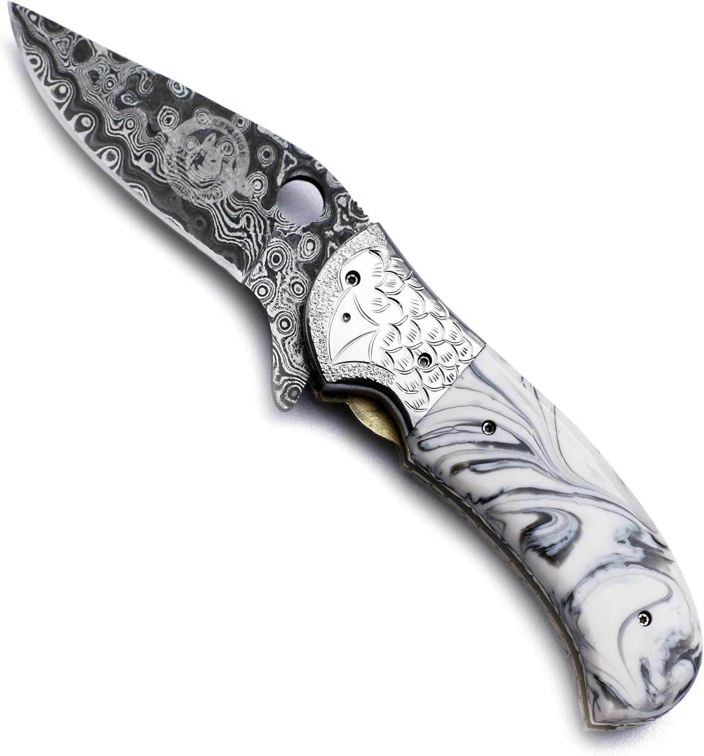 Damascus Handmade Folding Pocket Knife for Hunting And Graving Bolsters with resin sheet Handle with CowHide-Leather Sheath WFD-2563