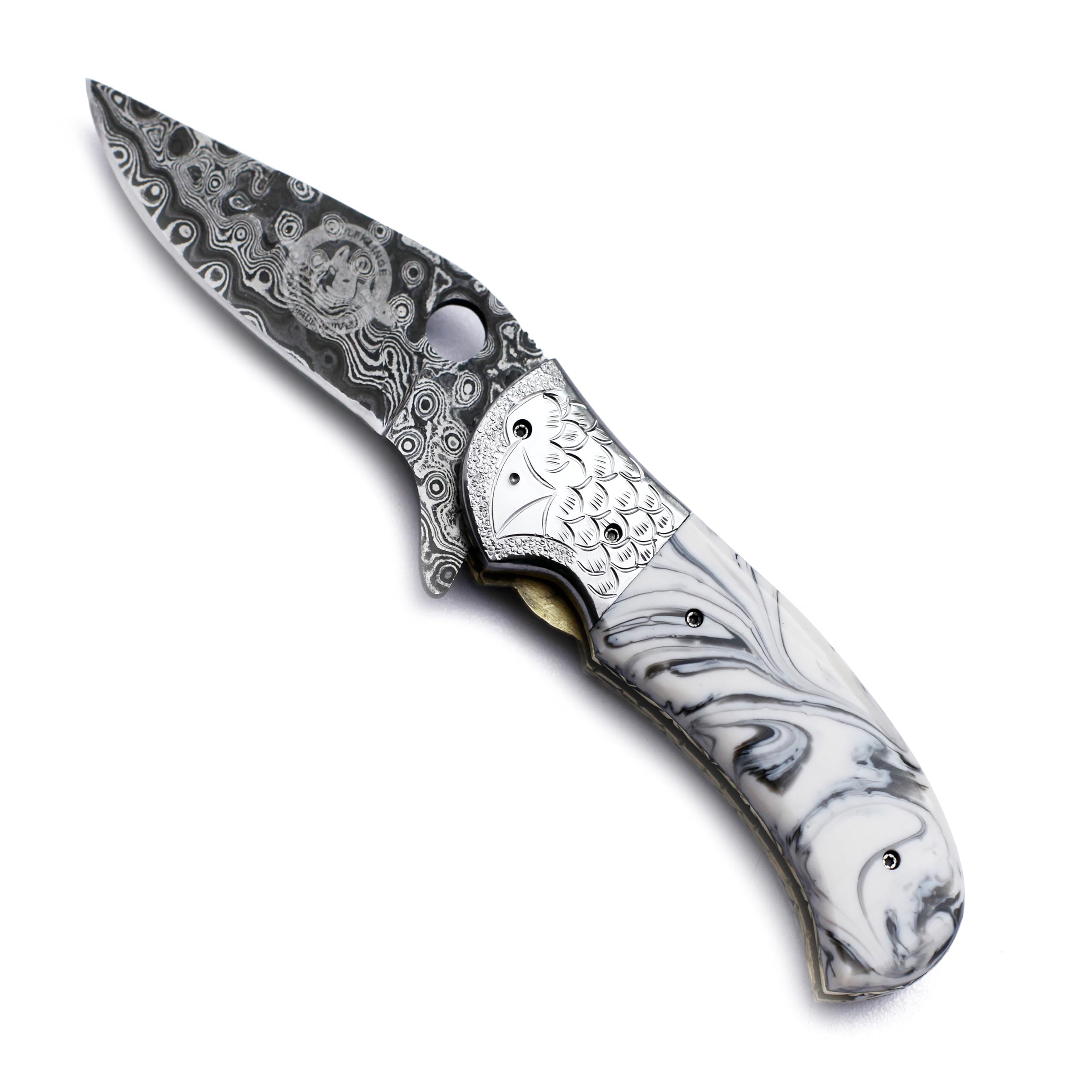 WolfKlinge Damascus Handmade Folding Pocket Knife for Hunting And Graving Bolsters with resin sheet Handle with CowHide-Leather Sheath WFD-2563