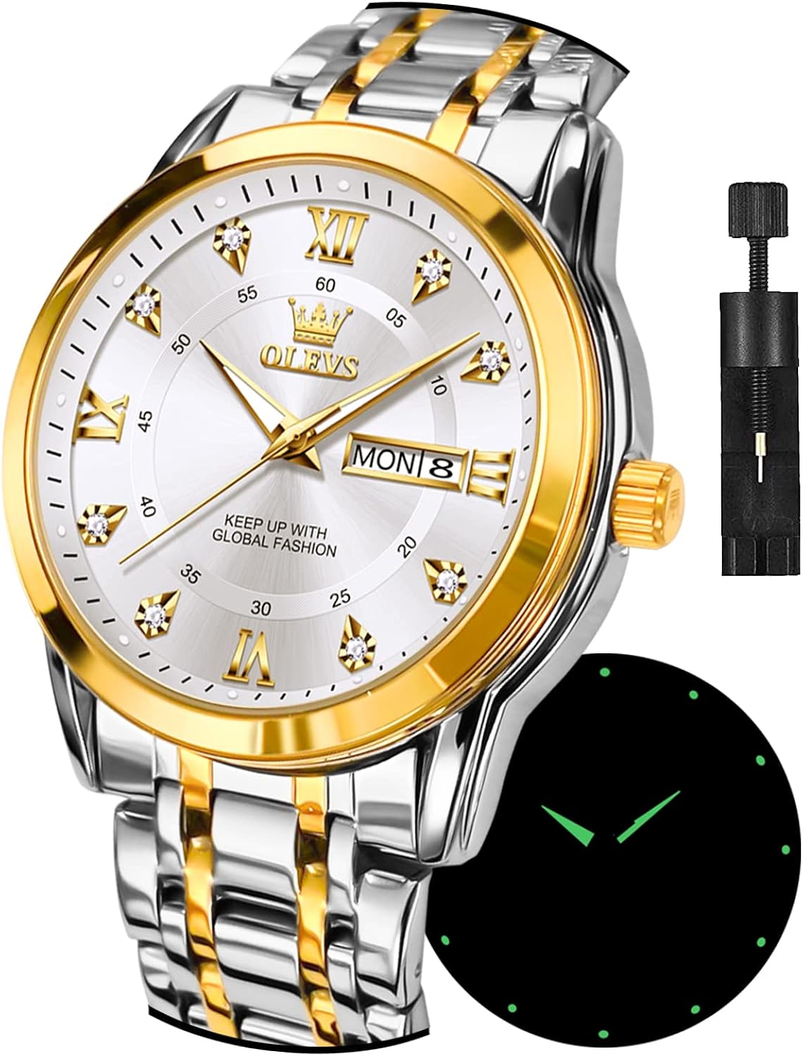 Miniatura 7 de OLEVS Reloj analógico de cuarzo con diamantes de acero inoxidable para hombre, fecha de día, vestido clásico, impermeable, luminoso, para hombre,