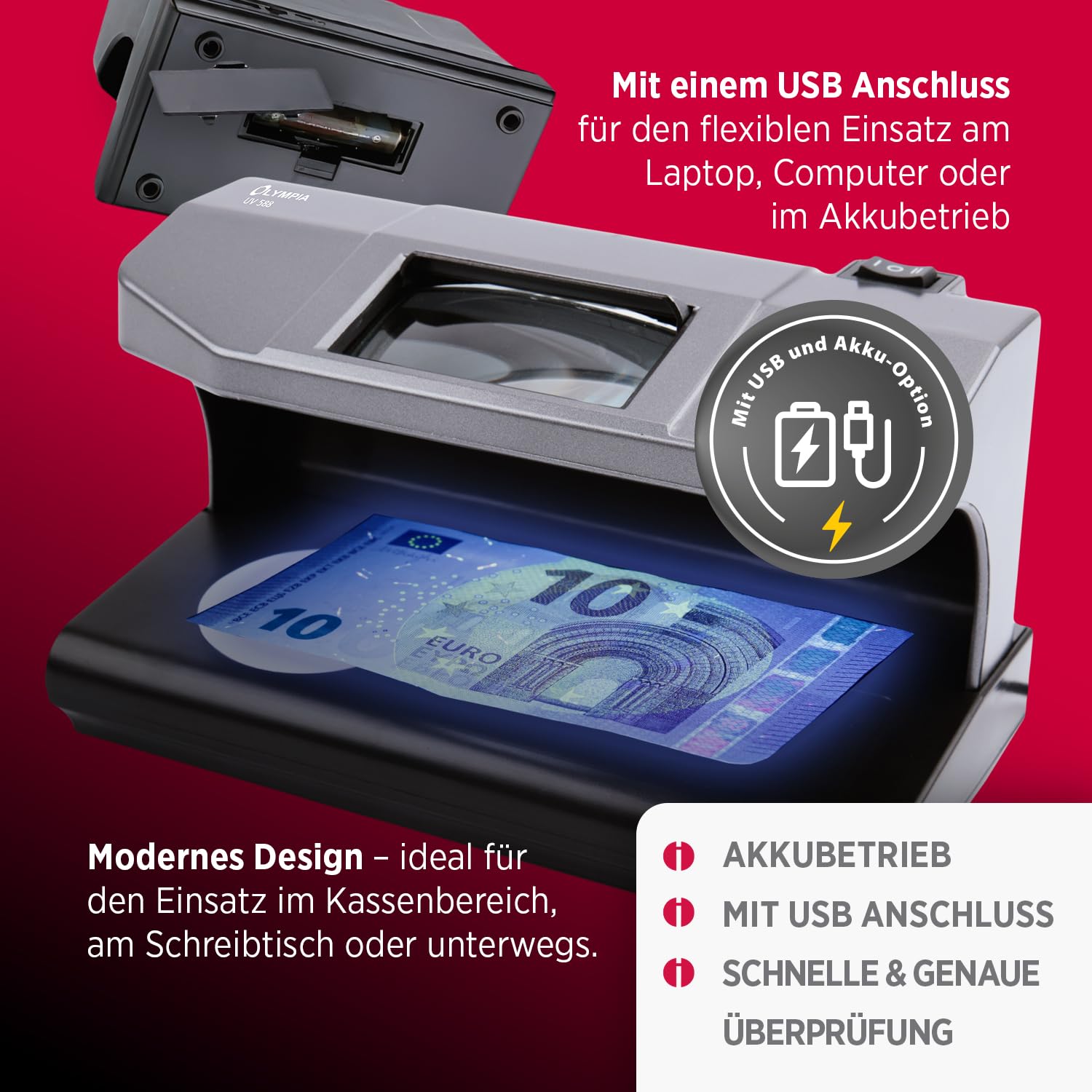 Olympia UV 588 Geldscheinprüfgerät | UV-Lampe | Falschgeld Prüfer mit Magnetsensor | Geldprüfgerät für Banknoten | Falschgelderkennung | Banknotenprüfer LED-Technologie | Geldprüfmaschine Geldscheine