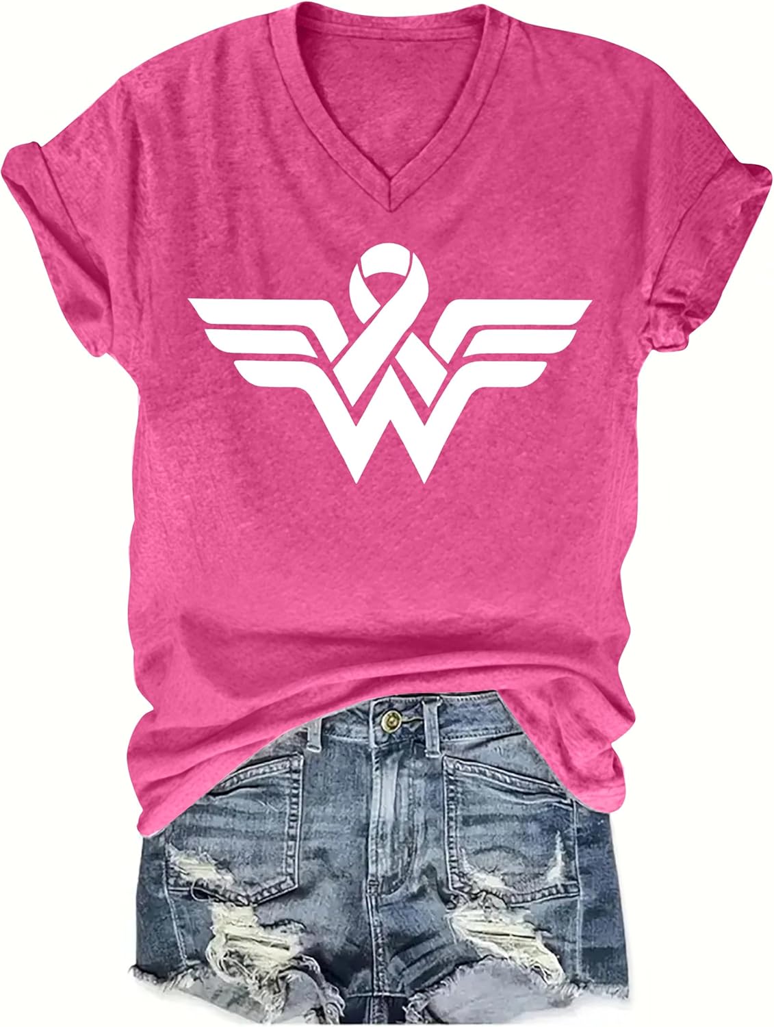 Breast Cancer Shirt for Women: Pink Ribbon T-Shirt Breast Cancer Awareness Short Sleeve V-Neck Tee Top - Image 4