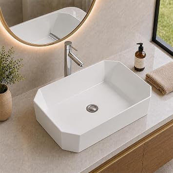 BELOFAY Counter Top Bathroom Sink Basin   Modern White Ceramic Wash Basin with Scratch-Resistant Gloss Surface   Sink basins for Cloakroom,Vanity Cabinet and BathroomsRectangular 3