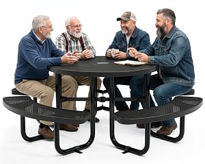 OUTTANS Metal Picnic Tables for Outdoors with Umbrella Hole - Coated Steel Heavy Duty Commercial Grade Furniture Set