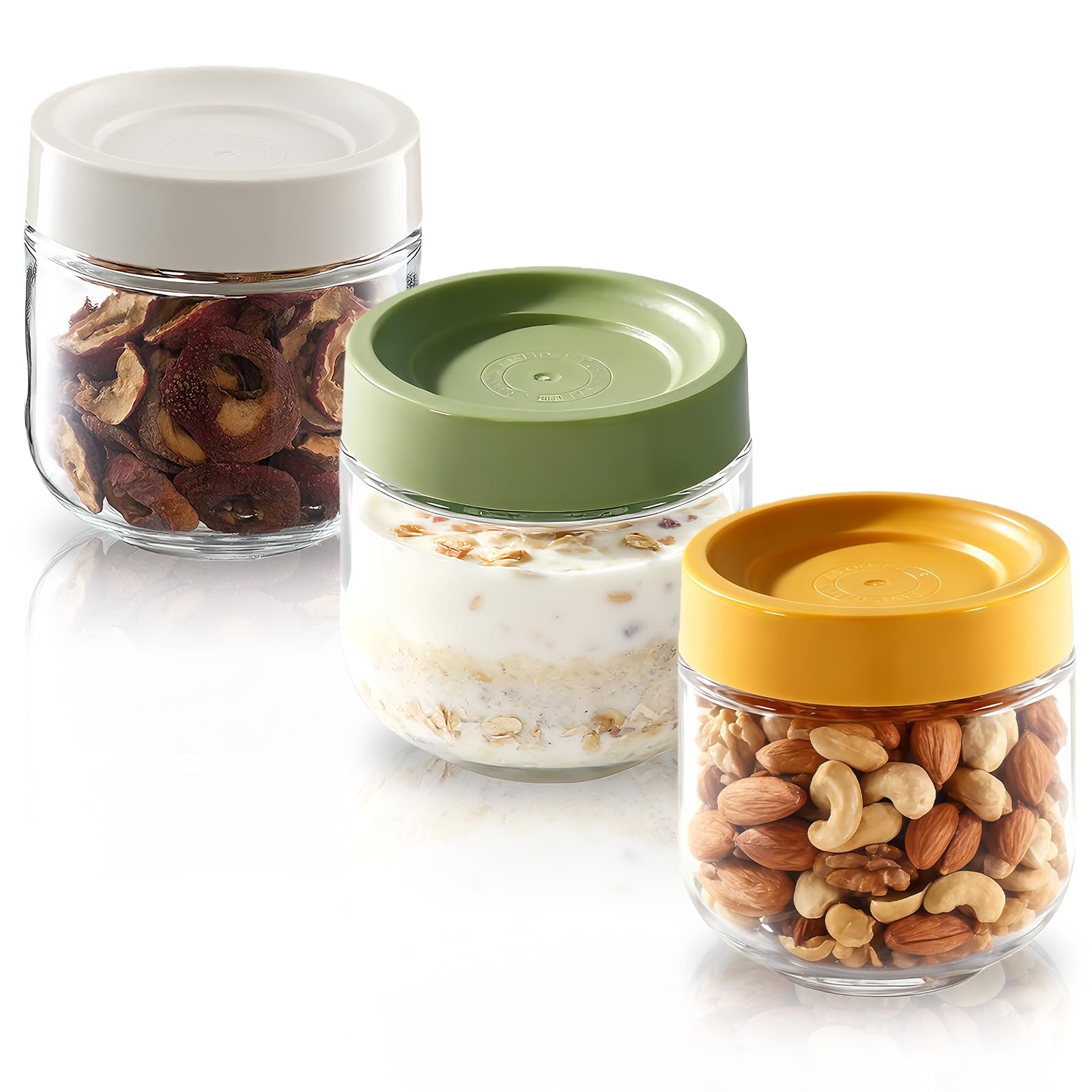 MEETOZ Glass Jars with Lids,Overnight Oats Containers with Screw Lid,Reusable Small Mason jars for Food Spice Fruit Sauce Cereal Snacks Storage (3 pack 10oz Colors)