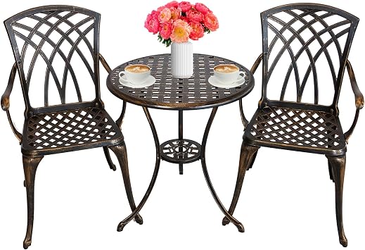 3 Piece Patio Bistro Set, Outdoor Bistro Table and Chairs Set of 2 with Umbrella Holes, All Weather Bistro Table Set for Garden Porch Pools Bonze 1