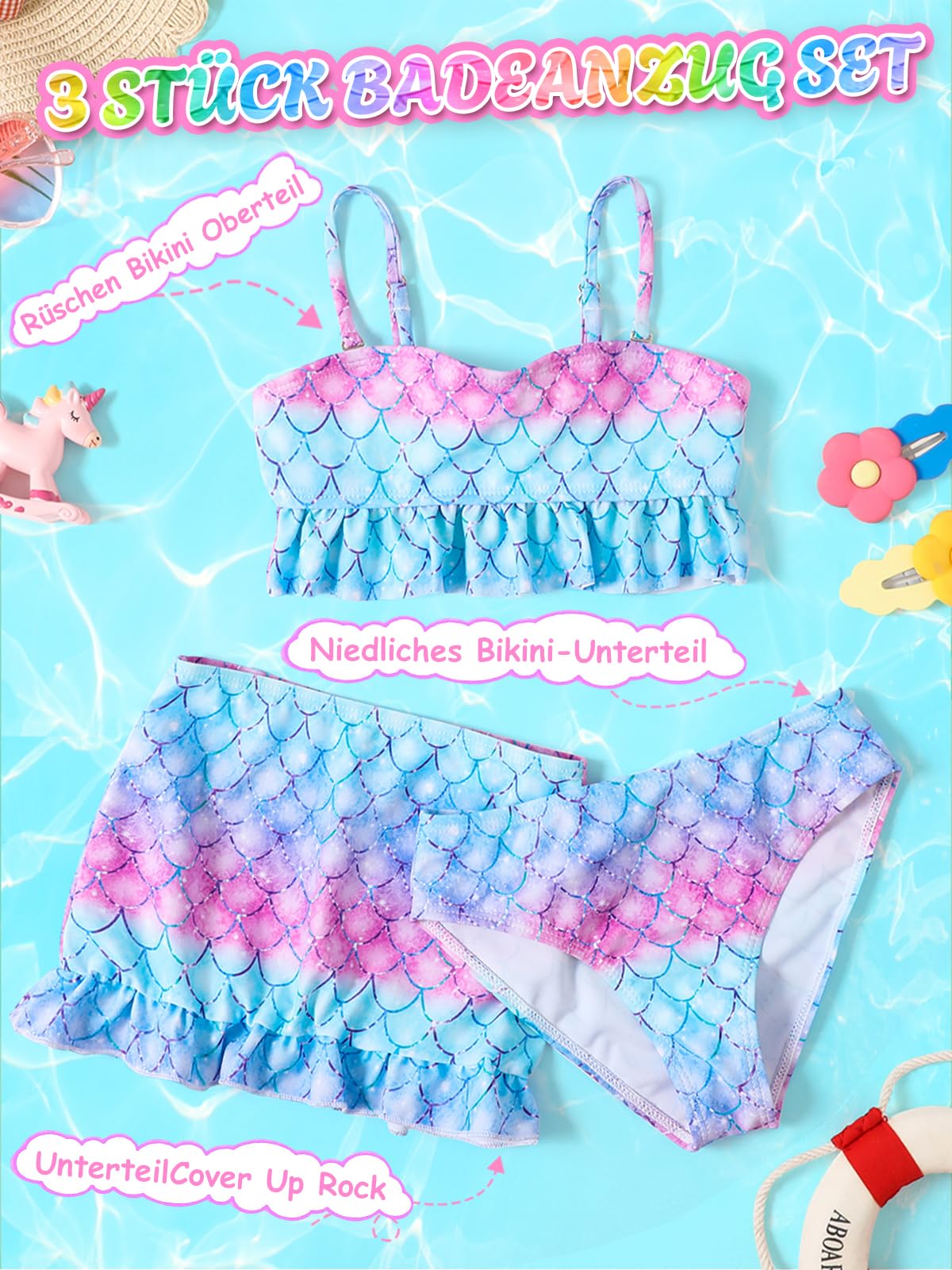 Costume da bagno bikini bambina 3 pezzi bikini adolescente ragazza spallacci regolabili costumi da bagno sirena bambini 4-12 anni
