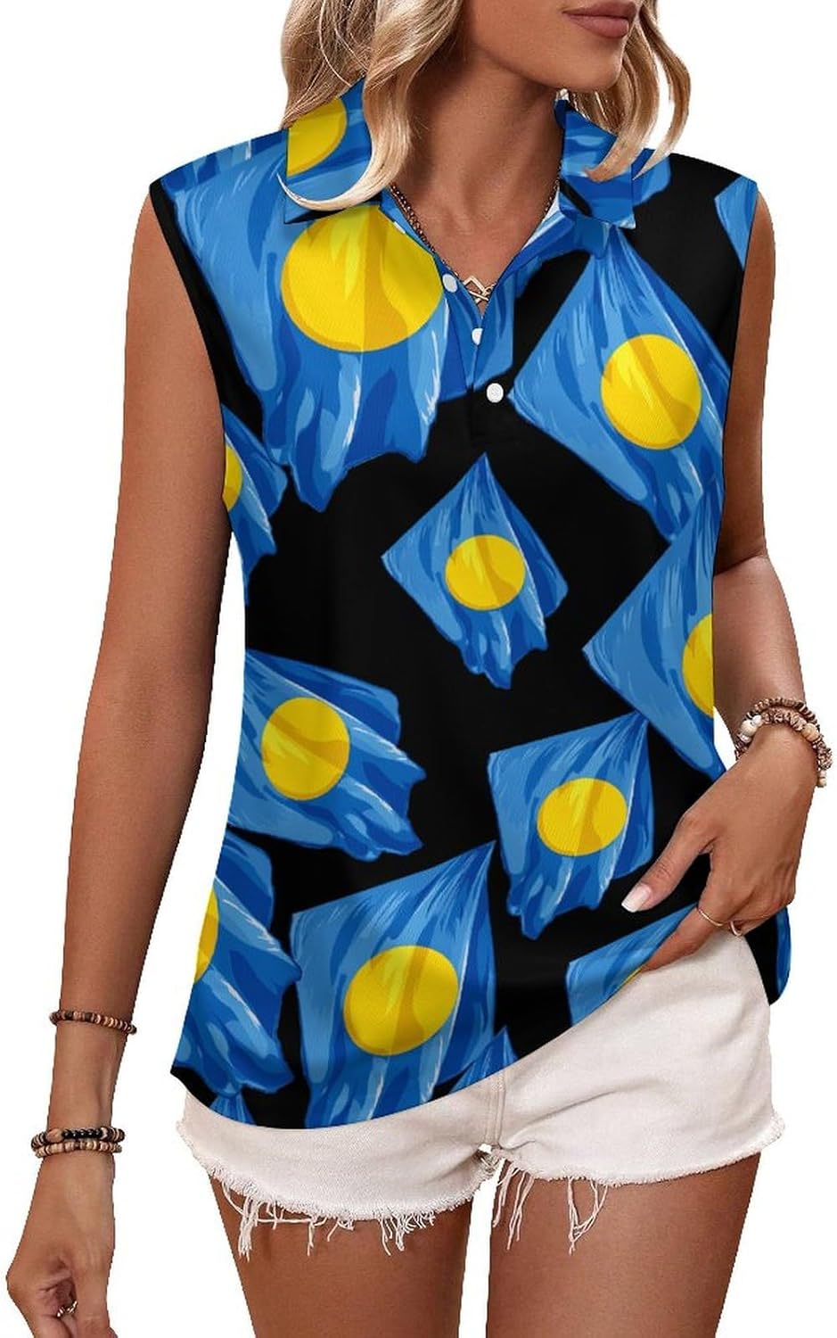 Palauan Palau Flag Womens Golf Shirts Print Polo Shirt Sleeveless Tank Top Casual Work Blouses