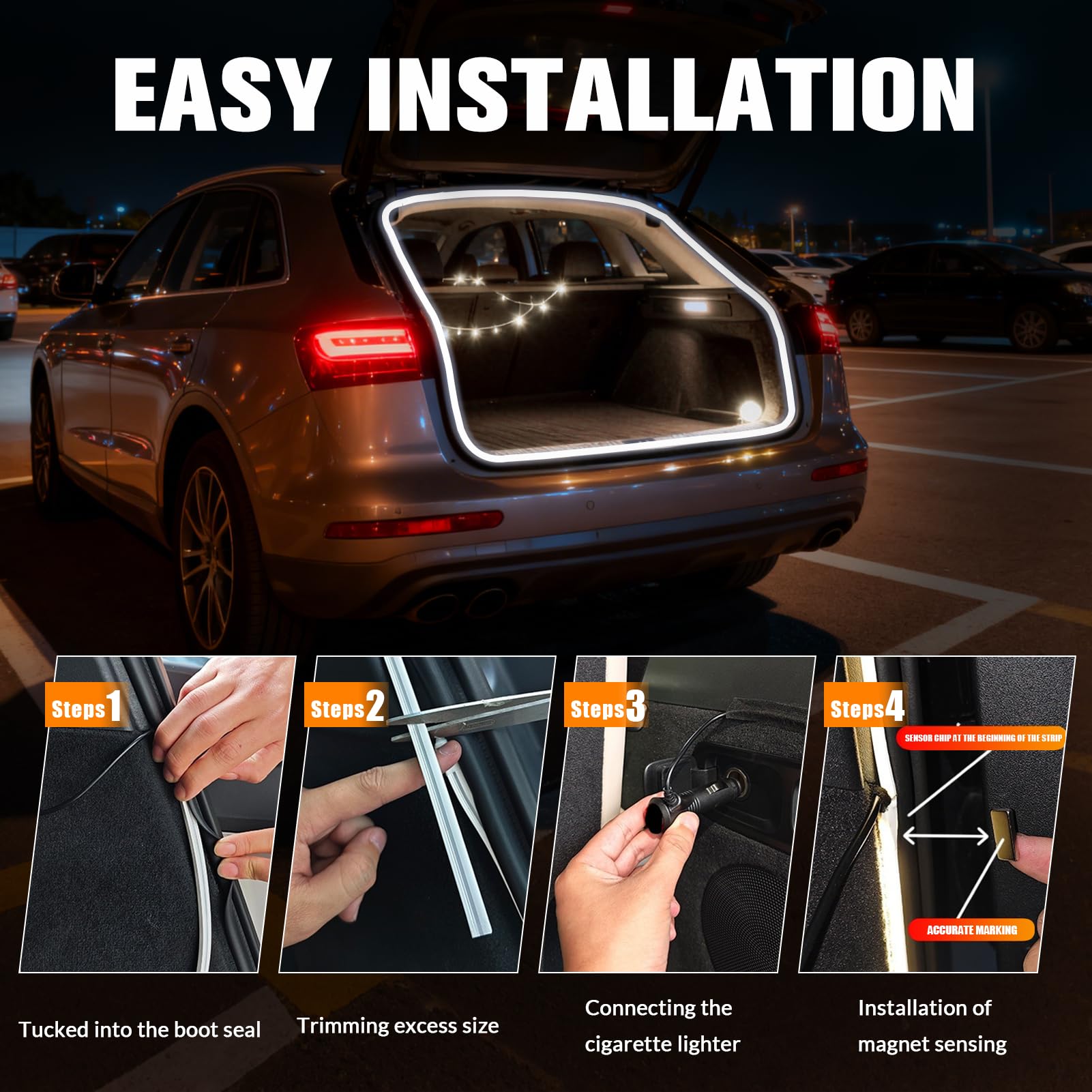 DIBMS Tira de Luz LED de Flujo Dinámico con Inducción Magnética de 177" para Maletero de Coche, Universal Flexible IP65 Impermeable Cortable de Silicona 12V Iluminación Ambiental Interior para Coches