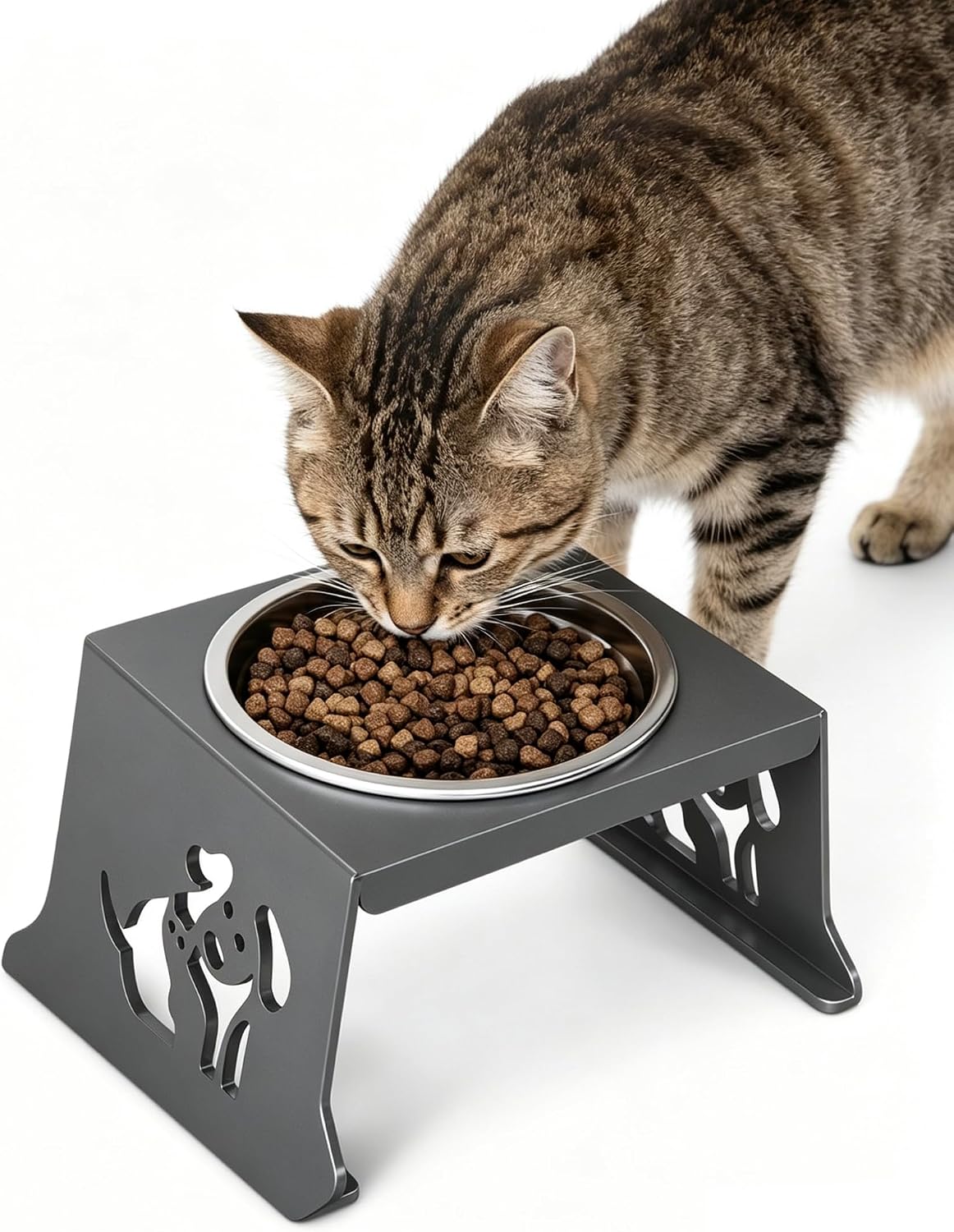 Raised Cat Bowls, 304 Stainless Steel Cat Food Bowl for Cats | 3.54‑inch height, 450ml 304 stainless steel, dishwasher‑safe, non‑slip metal stand, for cats and small‑breed dogs