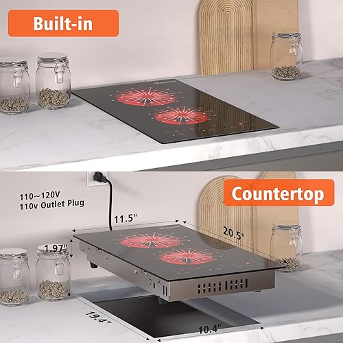Miniatura 8 de Estufa eléctrica de 2 quemadores Estufa eléctrica de 12 pulgadas integrada y encimera de 2000 W, 120 V, portátil, dos quemadores, radiante, sensor