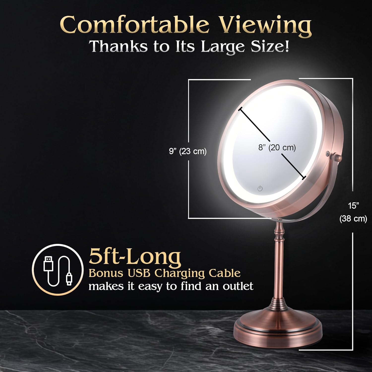 MIRRORVANA Lighted Make Up Mirror with 15X Magnification - 15X & 1X Double Sided LED Makeup Mirror with 3 Lighting Modes, Rechargeable Battery with USB Cable - 8" Wide & 15" Tall (Antique Bronze) - Image 7