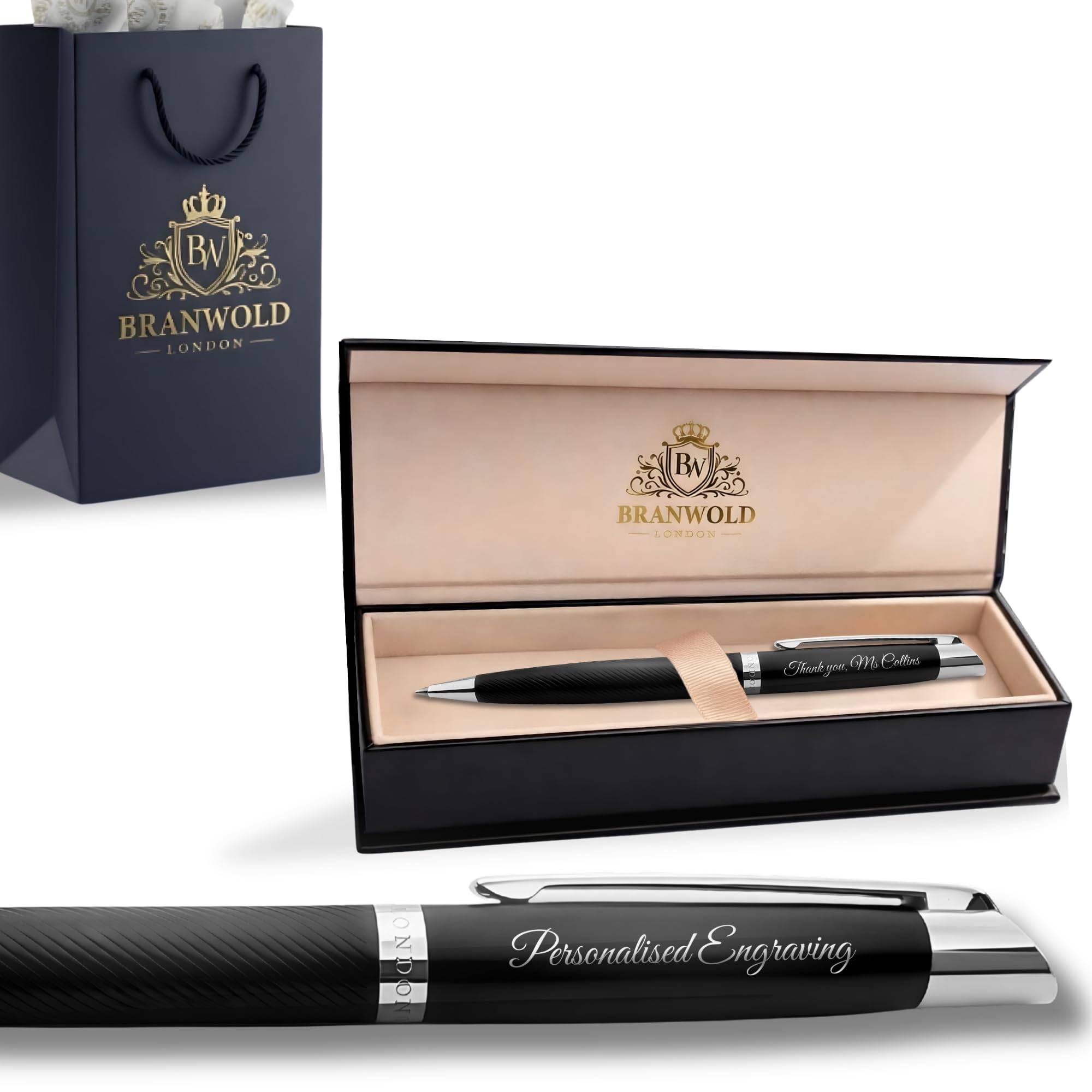 BRANWOLD London Luxury Personalised Pen Set, Custom Engraved Black Ballpoint Pen with Silver Trim, Premium Corporate Gifts with Presentation Box & Matching Gift Bag, Gifts for Men & Women