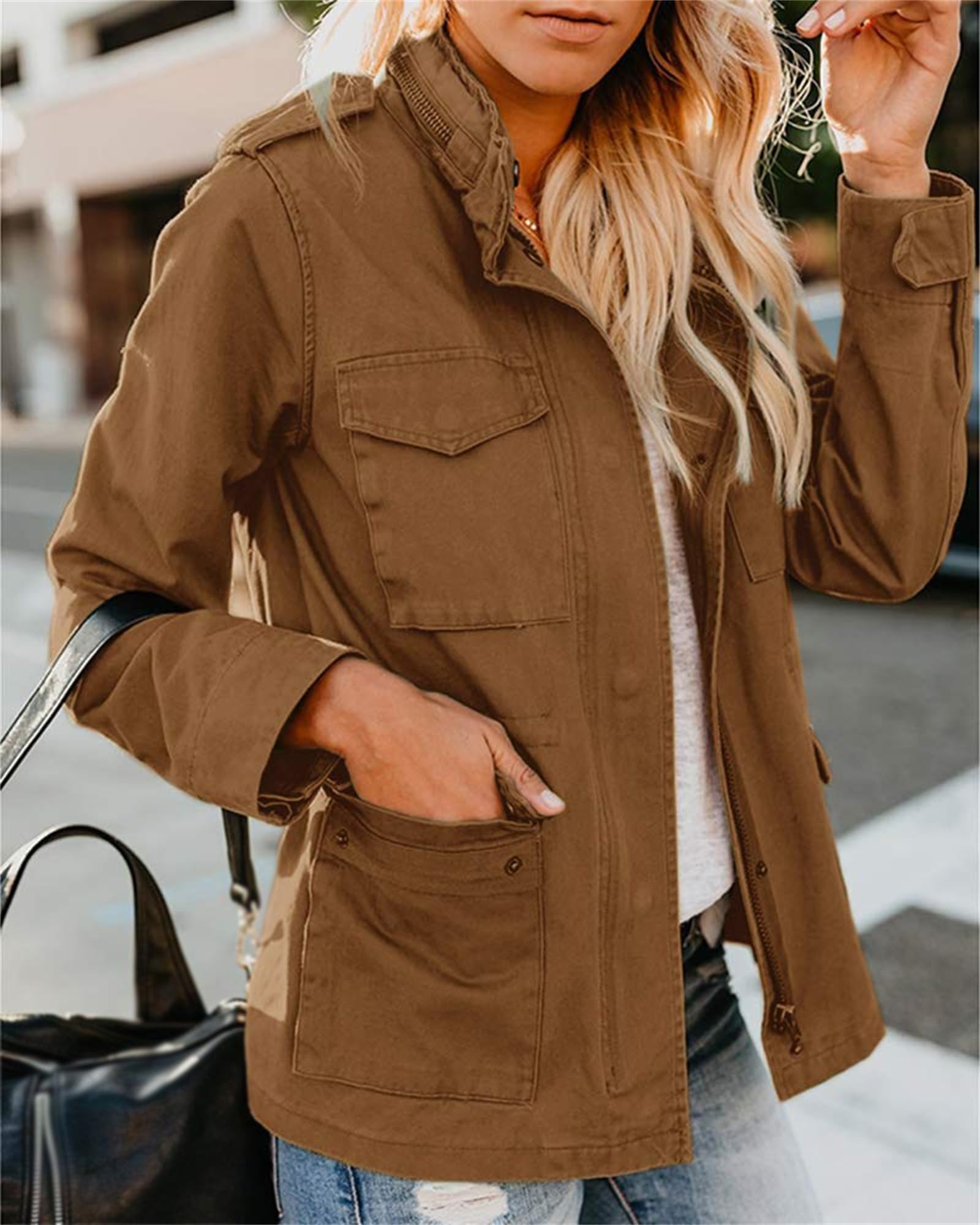 Generisch Anorak Militaire Femme Léger Décontracté Fermeture Éclair Boutons-pression Utility Cargo Manteaux avec Poche Veste en Jean Femme