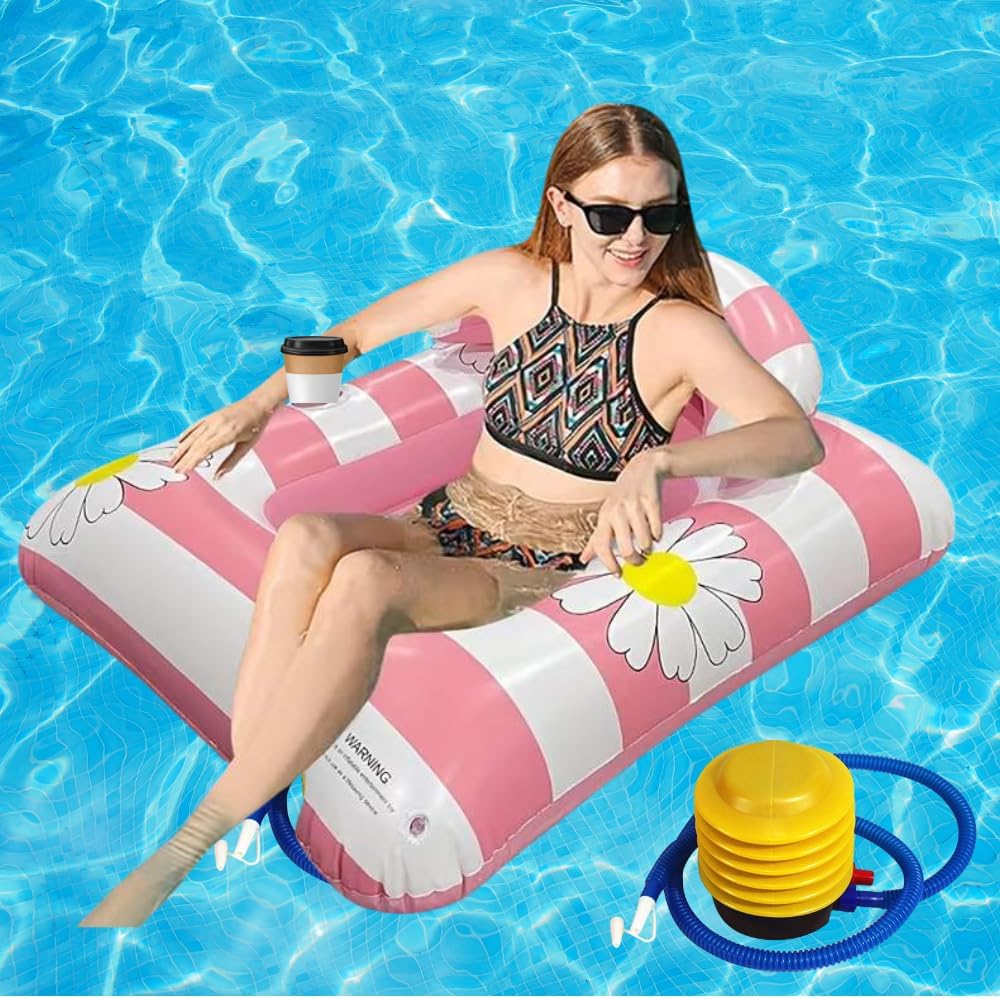 Inflatable Pool Float Lounger with Canopy Shade – Heavy-Duty PVC Water Hammock Raft with Backrest & Cup Holder, Portable Summer Swimming Pool & Beach Float for Adults (Pink)