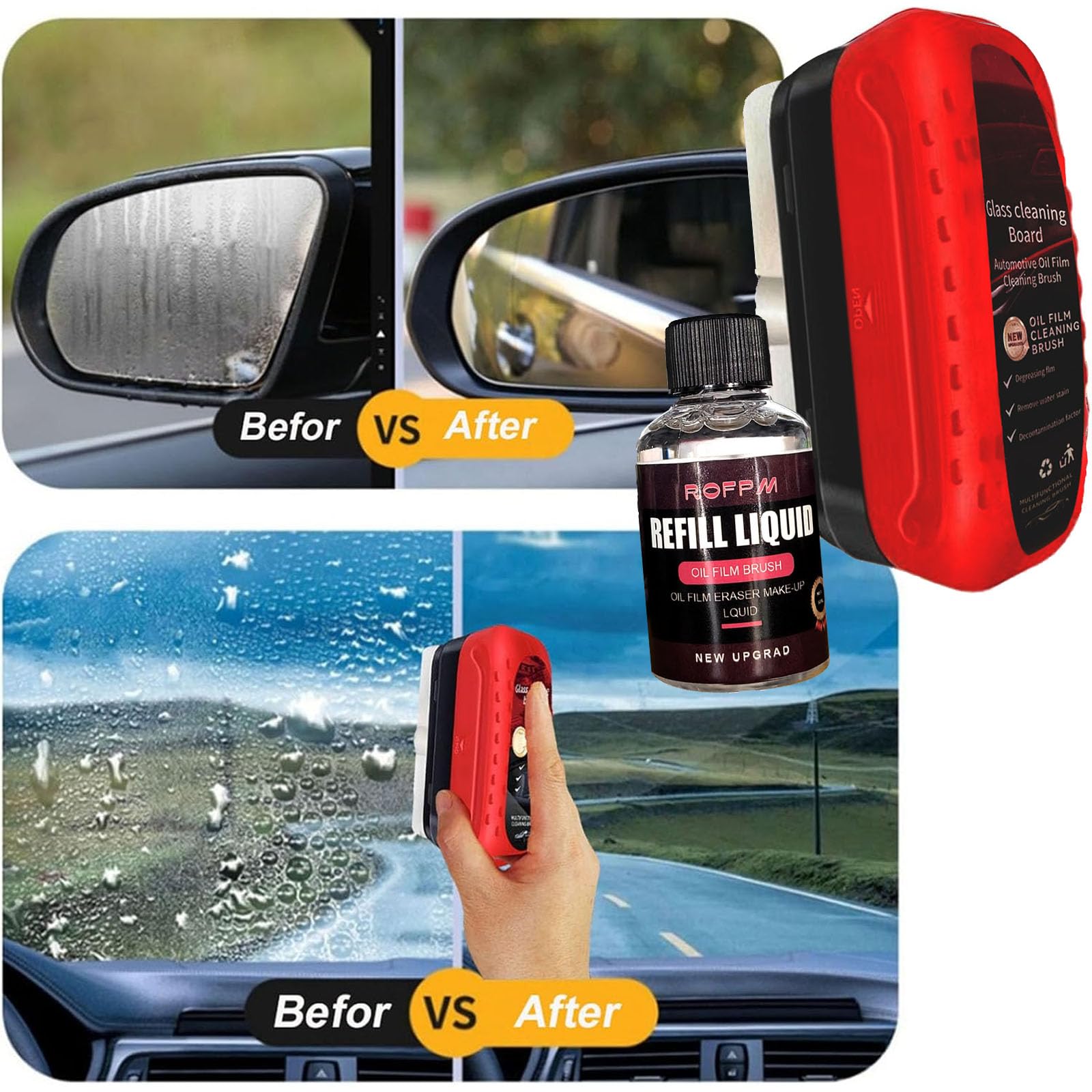 ROFPM Automotive Oil Film Cleaning Brush Windshield Cleaner Kit, Glass Oil Cleaner Remover for Car Window, Shower Mirror (2 Kits)