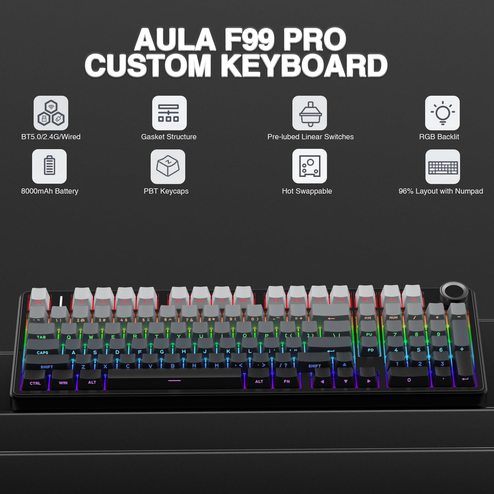 AULA F99 Pro Wireless Mechanical Keyboard - BT5.0/USB-C/2.4GHz, RGB Backlight - Dettaglio