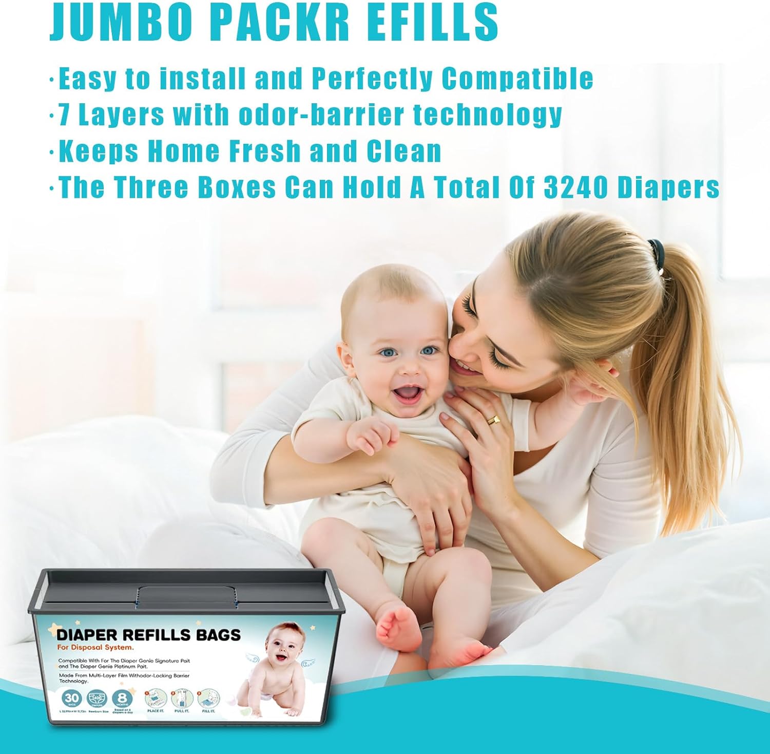 Diaper Pail Refills Bags with 30 Bags Compatible with For Genie Easy Roll Signature and Platinum Diaper Pails, 7-Layer Odor-Barrier Technology, 1 Pack (3 Pack)