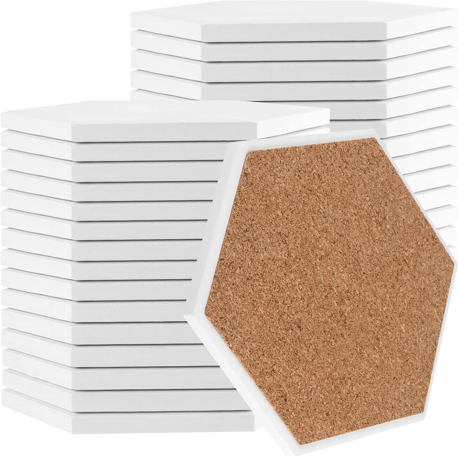 JOIKIT 30 Pack 4 Inch Ceramic Tiles for Crafts Coasters, Hexagon Unglazed Ceramic Tiles with Cork Backing Pads, Use with Alcohol Ink or Acrylic Pouring, Make Your Own Coasters
