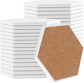 JOIKIT 30 Pack 4 Inch Ceramic Tiles for Crafts Coasters, Hexagon Unglazed Ceramic Tiles with Cork Backing Pads, Use with Alcohol Ink or Acrylic Pouring, Make Your Own Coasters