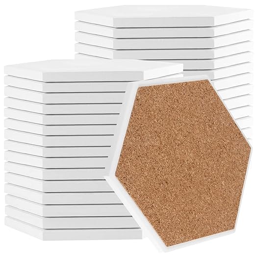 JOIKIT 30 Packs 4 x 4 Inch Ceramic Tiles for Crafts Coasters, Square Unglazed White Ceramic Tiles with Cork Backing Pads, Use with Alcohol Ink or Acrylic Pouring, Make Your Own Coasters