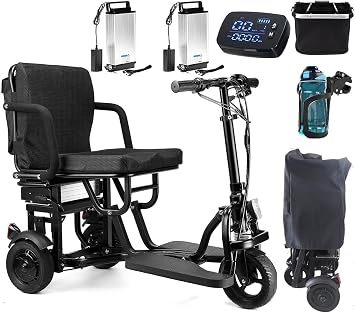 New Upgrade Folding Mobility Scooter for Adults, with 2 * 10AH Long-Range Lithium Battery, 9.32mph Foldable Mobility Scooter, 300lbs Capacity, Lightweight with Basket & Cup Holde, Dust Cover