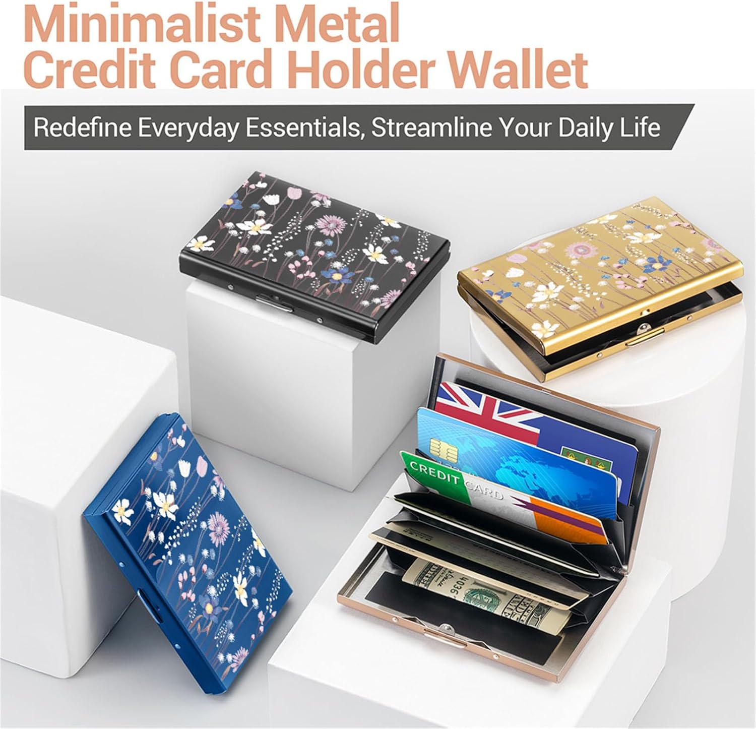 Credit Card Holder Wallet | 6 Card Slots | RFID Blocking Metal Wallet for Men & Women | Ultra-Slim Design | Holds 6-12 Cards (6 Card/Blue/Flower)