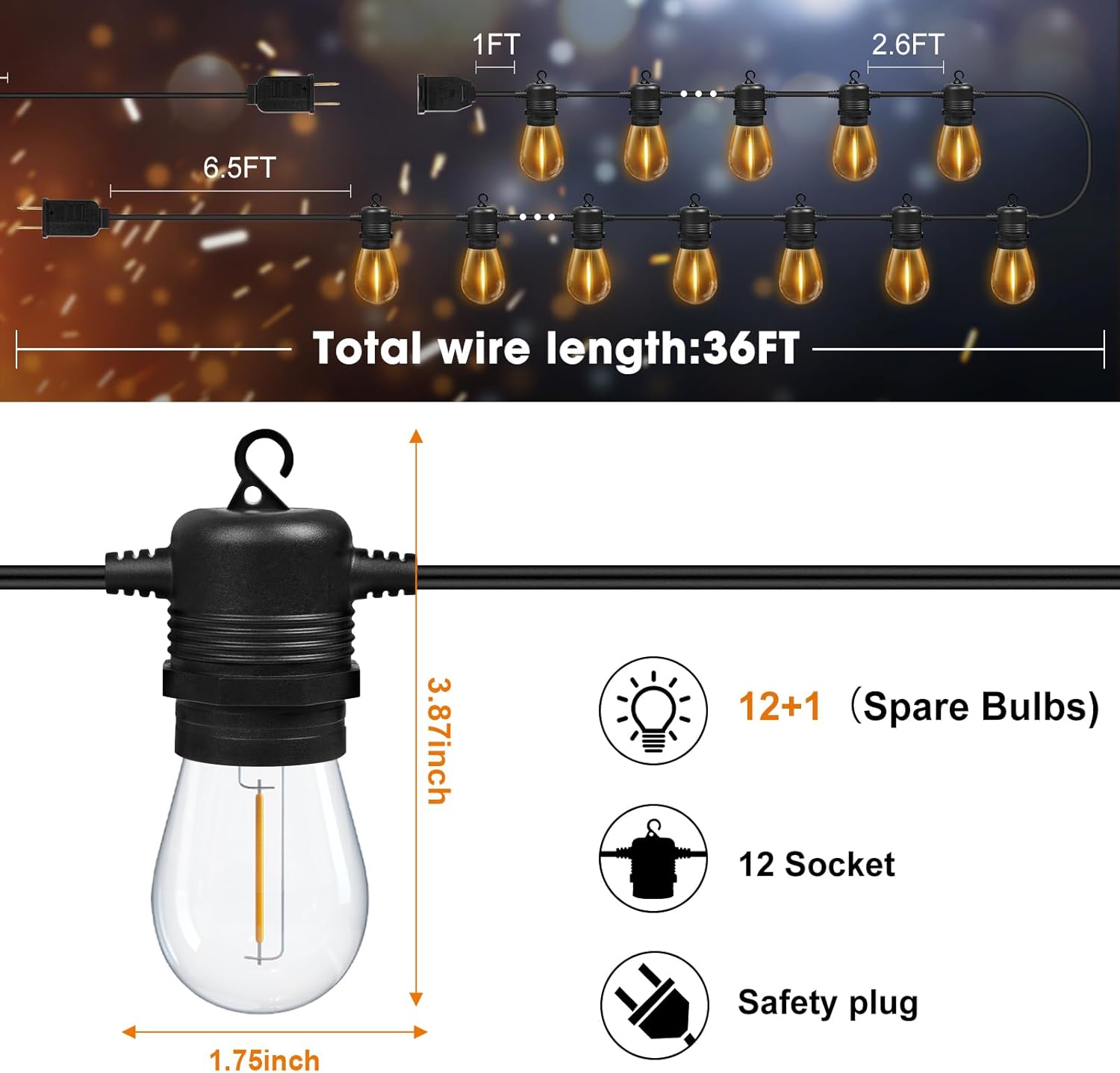 GvvooHome LED Outdoor String Lights 36FT Patio Lights with 13 Shatterproof S14 Replaceable Bulbs(1 Spare), Outside Hanging Lights Waterproof for Porch, Deck, Garden, Backyard, Balcony, 2700K Dimmable