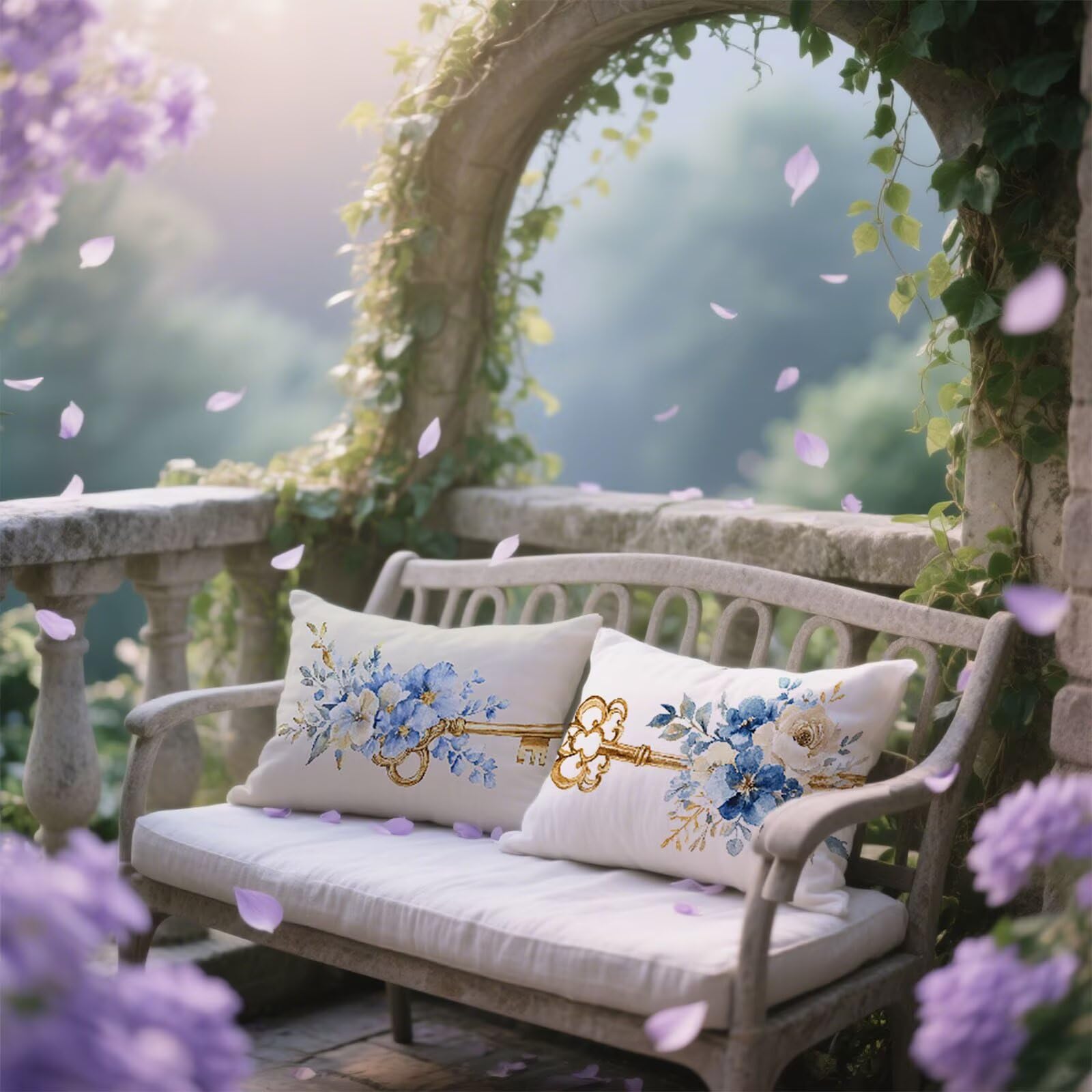 Federe Cuscini Divano 60x120cm Copri Cuscini per Divano Letto Decorativi Bianco Lino Set di 2 Cuscino Esterno Impermeabili Rettangolari Grandi Fiore con Zip Nascosta per Arredo Camera Esterno u-1359