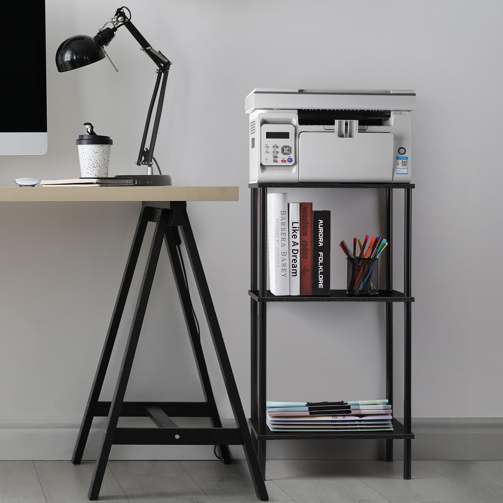 Tavolino alto per piccoli spazi, tavolo alto a 3 livelli con ripiani aperti per soggiorno, comodino industriale nero, tavolino alto, 40 × 32 × 76,5 cm