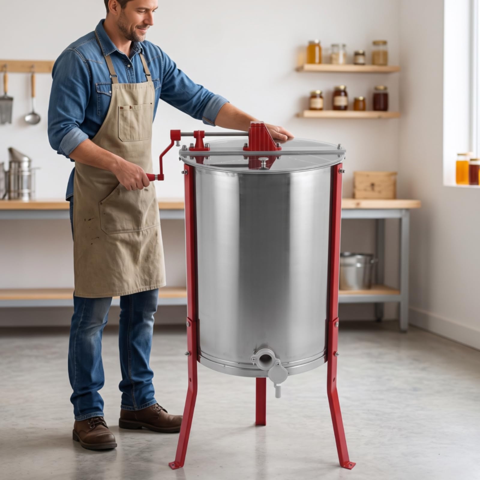 harayaa Estrattore di Manuale Estrattore Smielatore Centrifuga Secchio con Rubinetto in Acciaio Inox con Manovella Superiore E Coperchio Trasparente Supporto