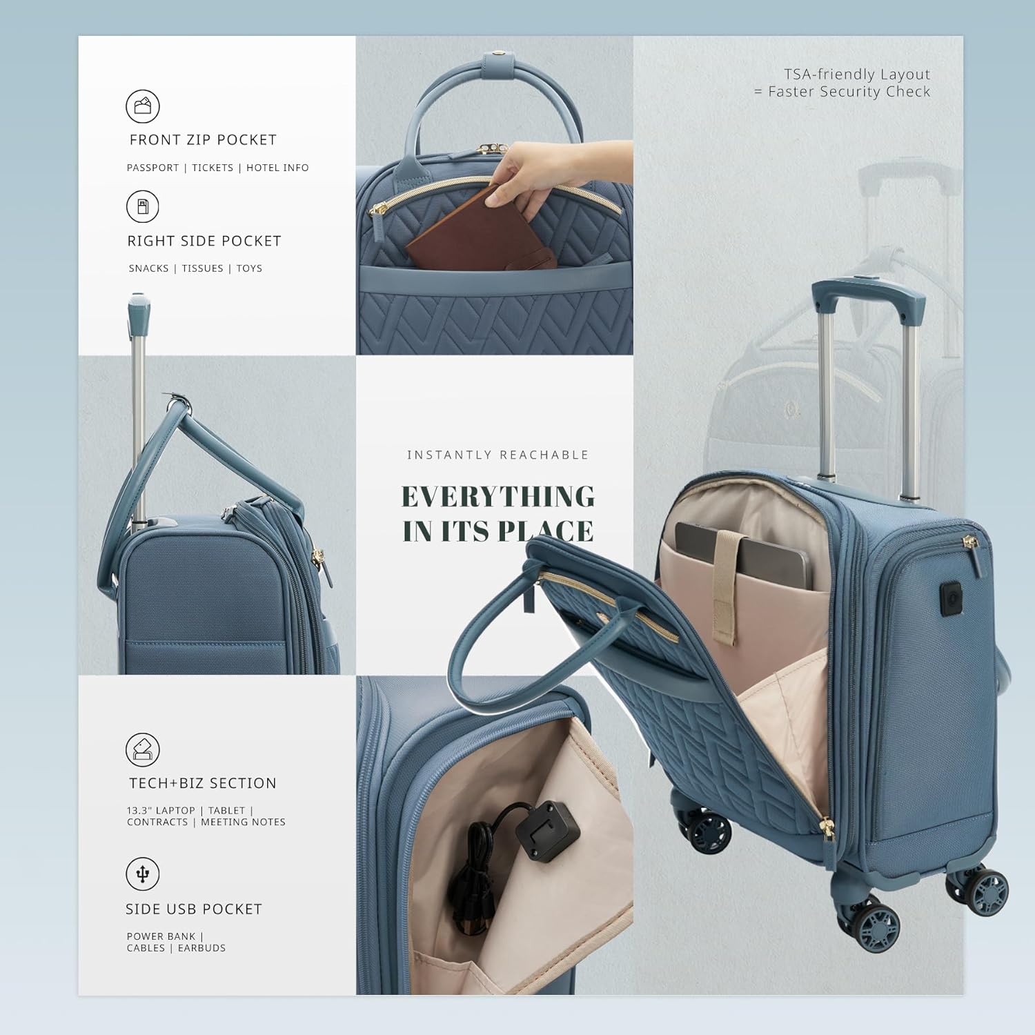 Verage 18x14x8in Spinner Underseat Carry-On Luggage -Airplane Personal Item Bag, USB A&C Charging Port, Padded Laptop Pocket & Wet/Dry Compartments for Women, Haze Blue - Image 5