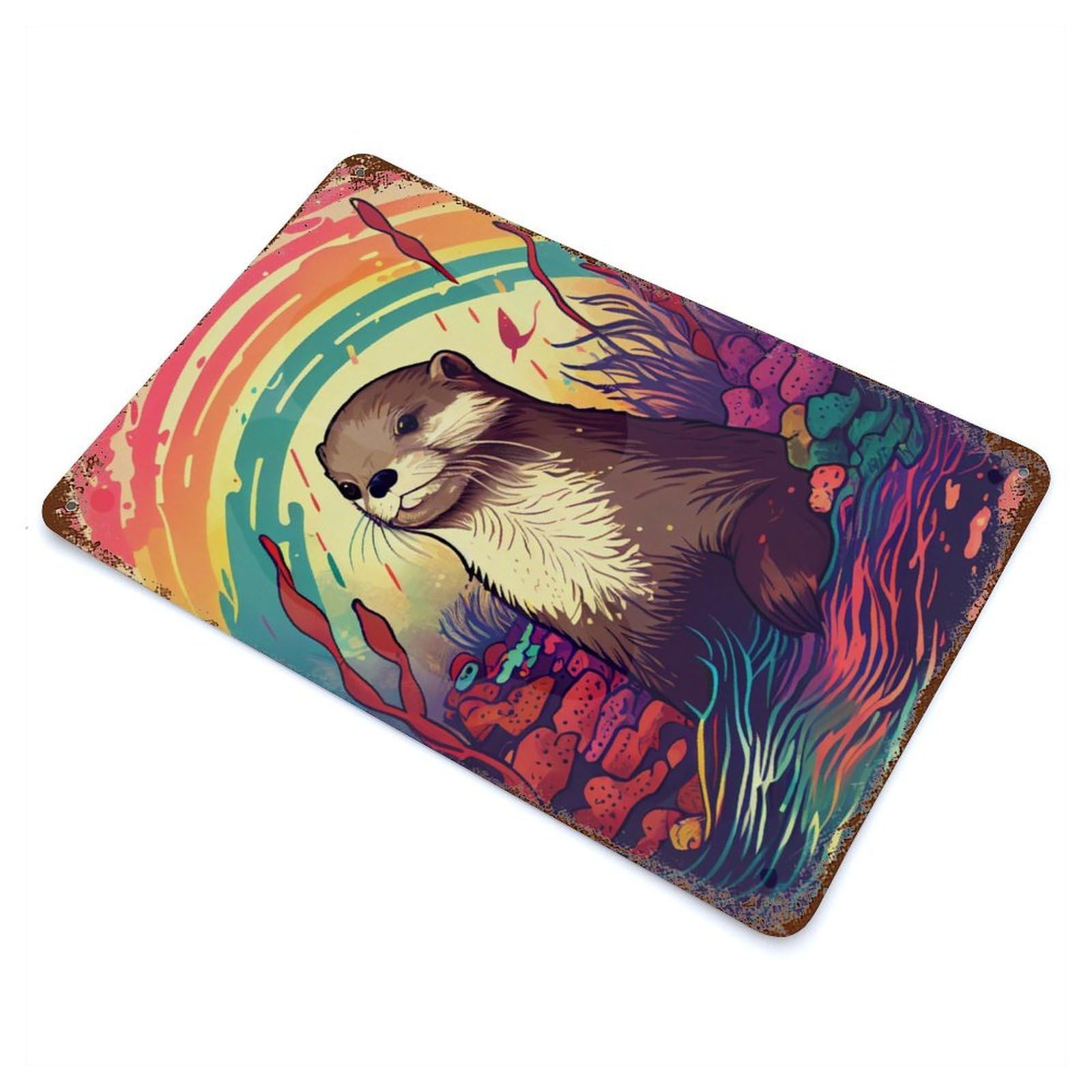 Otter Rainbow Rustic Tin Plaque 11.8"x7.9", Rustic Home Decor for Office, Studio And Wall Decor