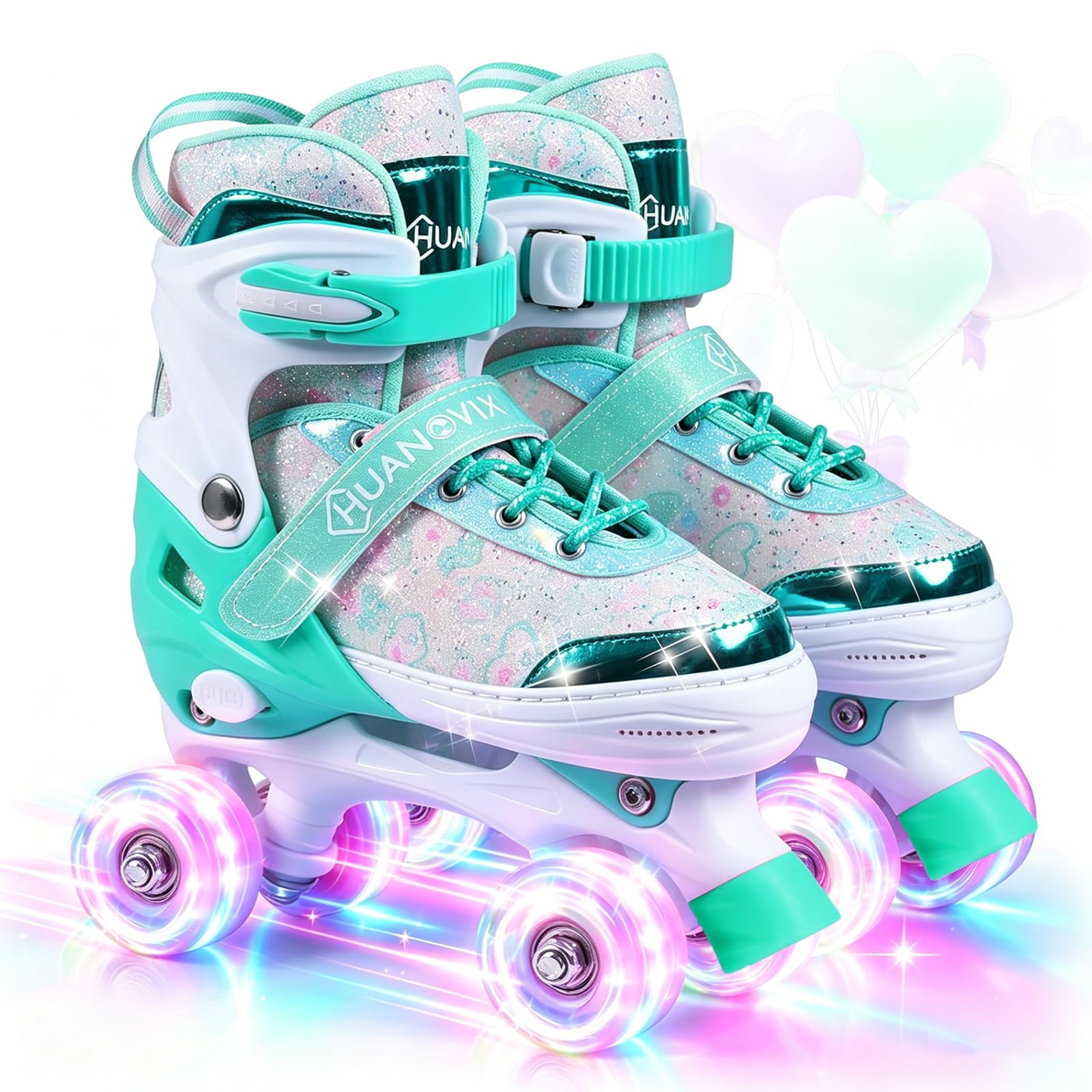 4 Sizes Adjustable Kids Roller Skates for Girls Boys Indoor Outdoor Sports, Love-Green, Medium-Big Kids,Teens
